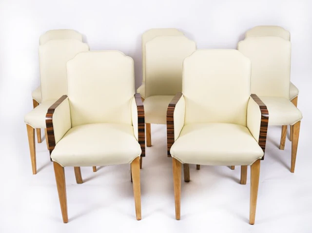 Antique Set 8 Art Deco Burr Walnut Cloud Back Chairs - Epstein Circa 1920