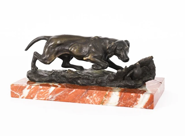 Antique Bronze Marble Sculpure "Hunting Dog" by Carl Kauba Circa 1890 19th C