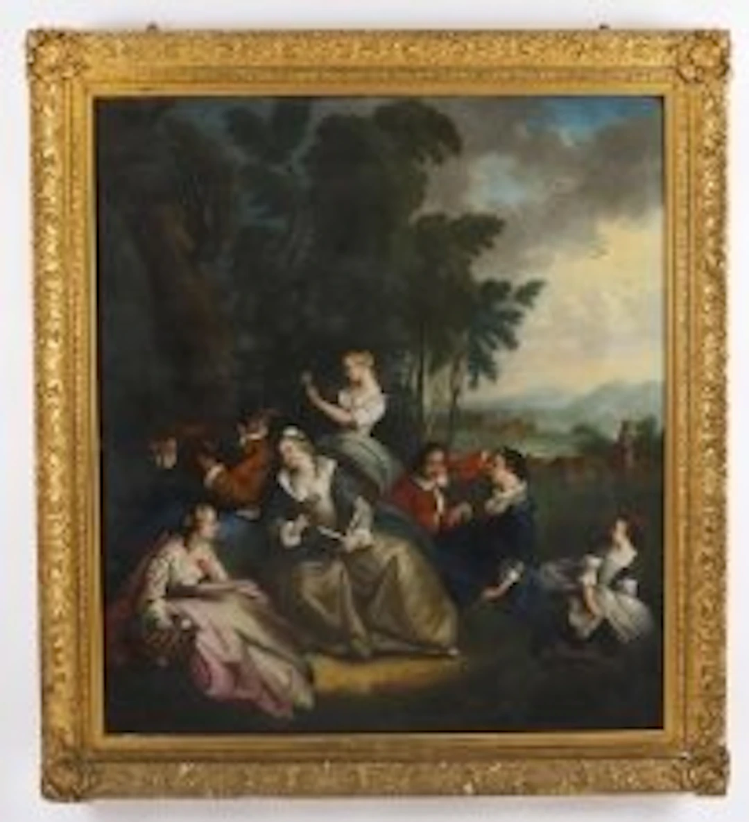 Antique Oil on Canvas Painting "Party Picnicking" After Watteau 18thC