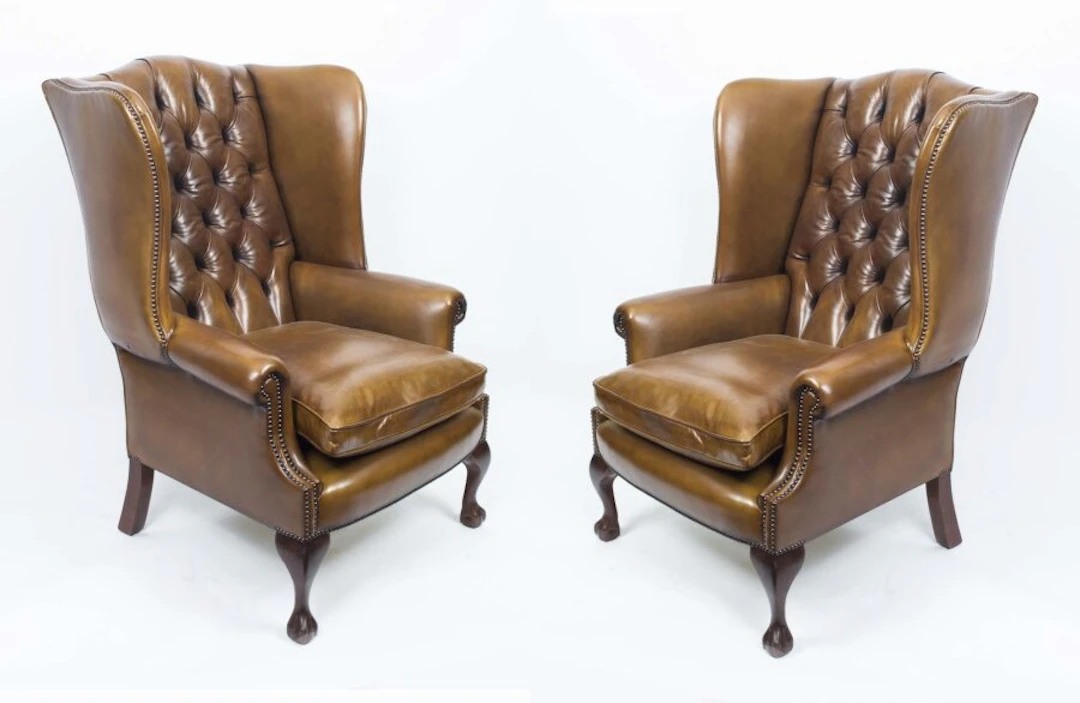 Bespoke Pair Leather Chippendale Wingback Armchairs Saddle