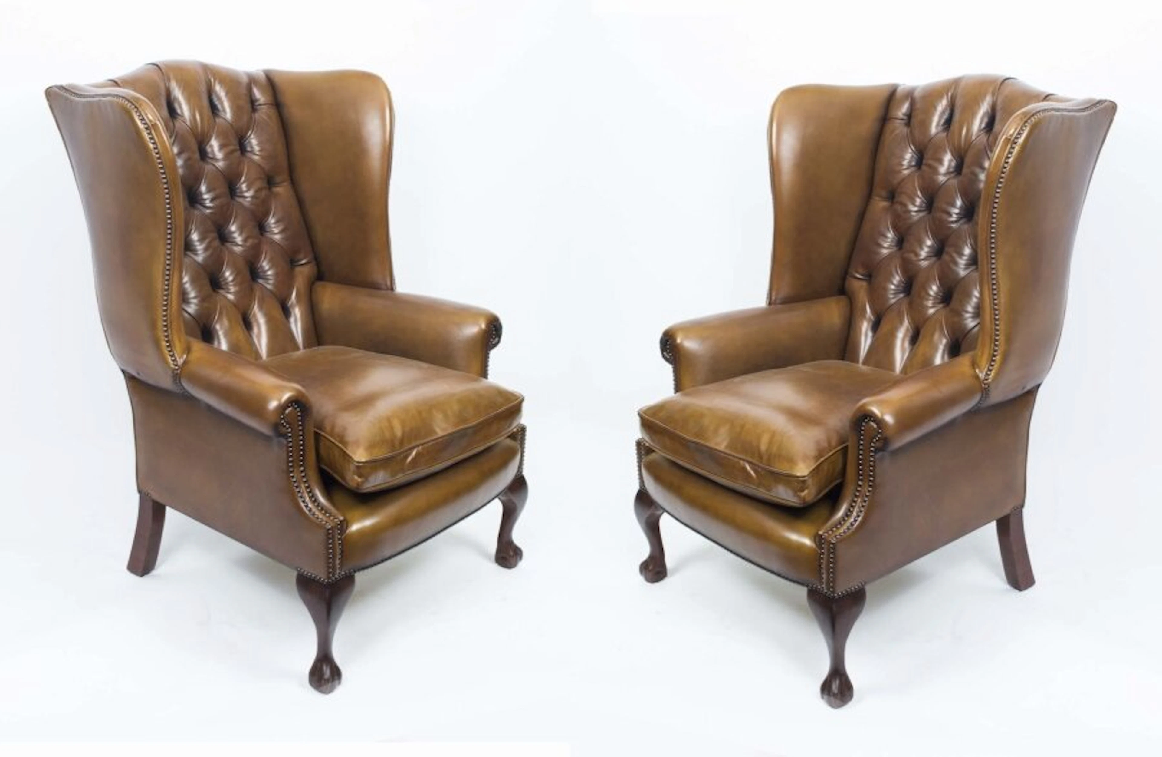 Bespoke Pair Leather Chippendale Wingback Armchairs Saddle