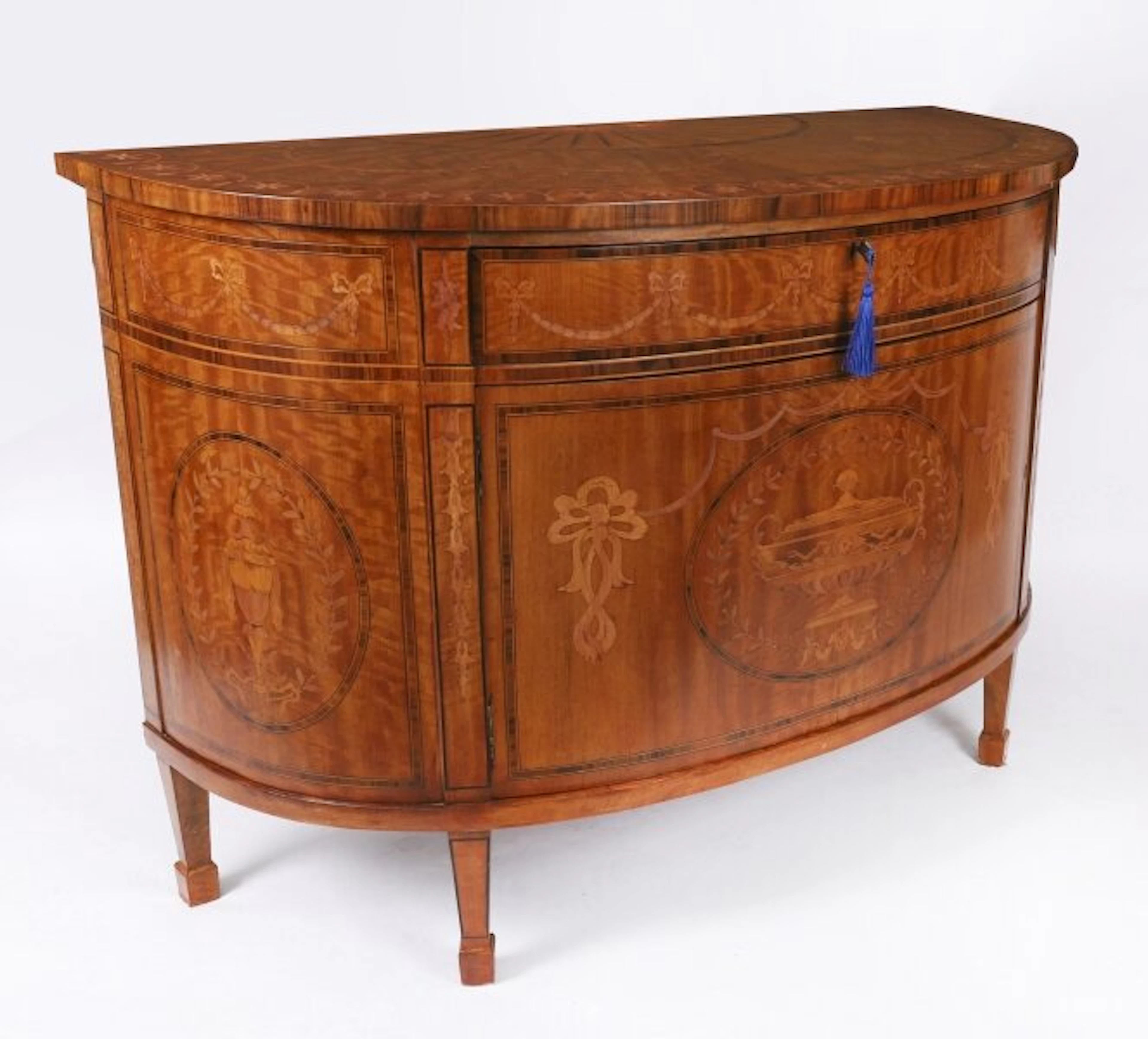 Antique English Sheraton Revival Satinwood and Marquetry Cabinet Circa 1900