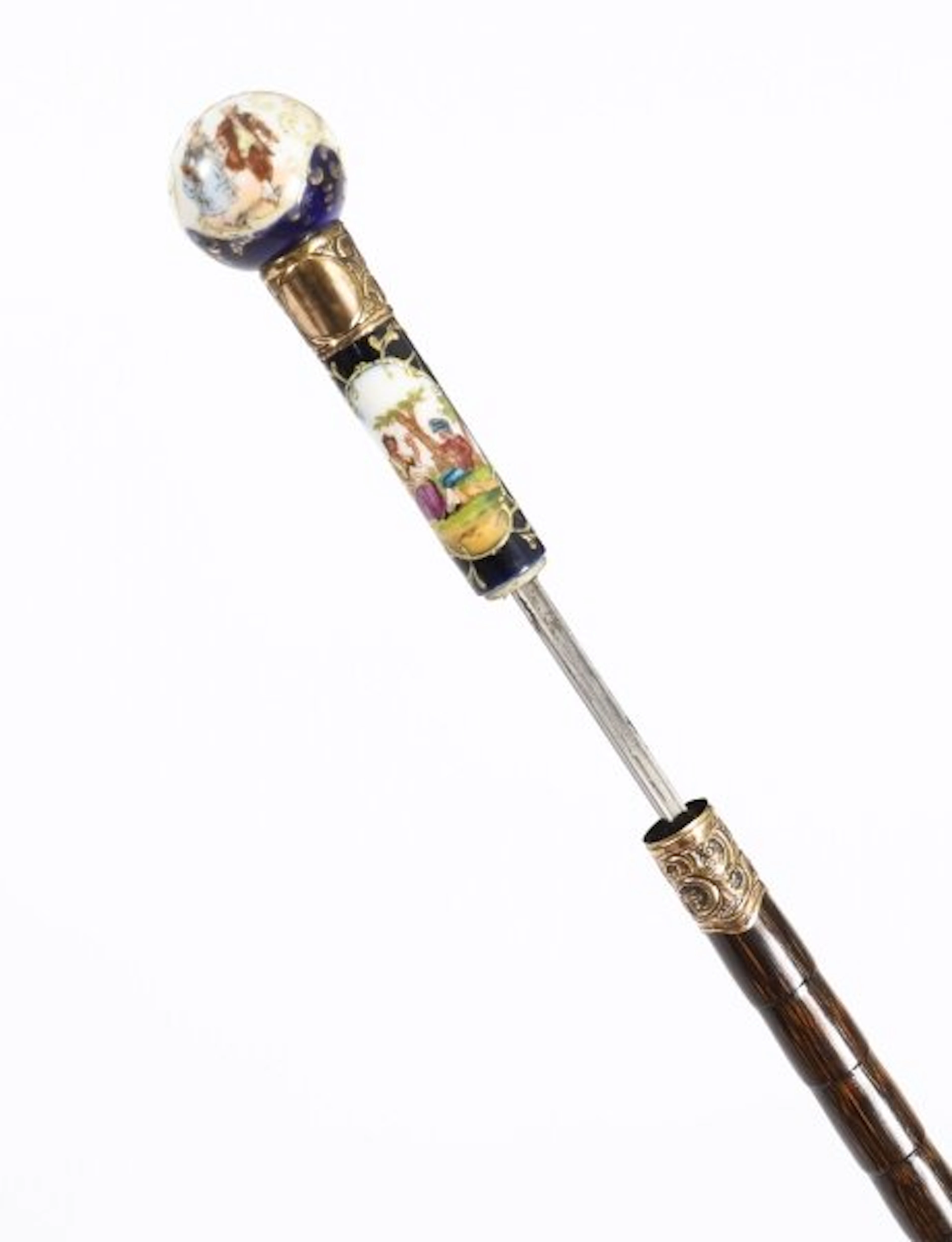 Antique French Gold Plate & Porcelain Walking Sword Stick19th C 84cm 33'