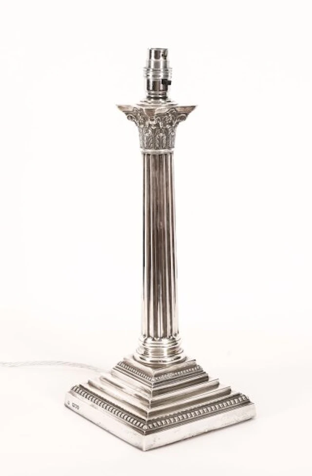 Antique Sterling Silver Corinthian Column Table Lamp Goldsmiths 1899 19th C