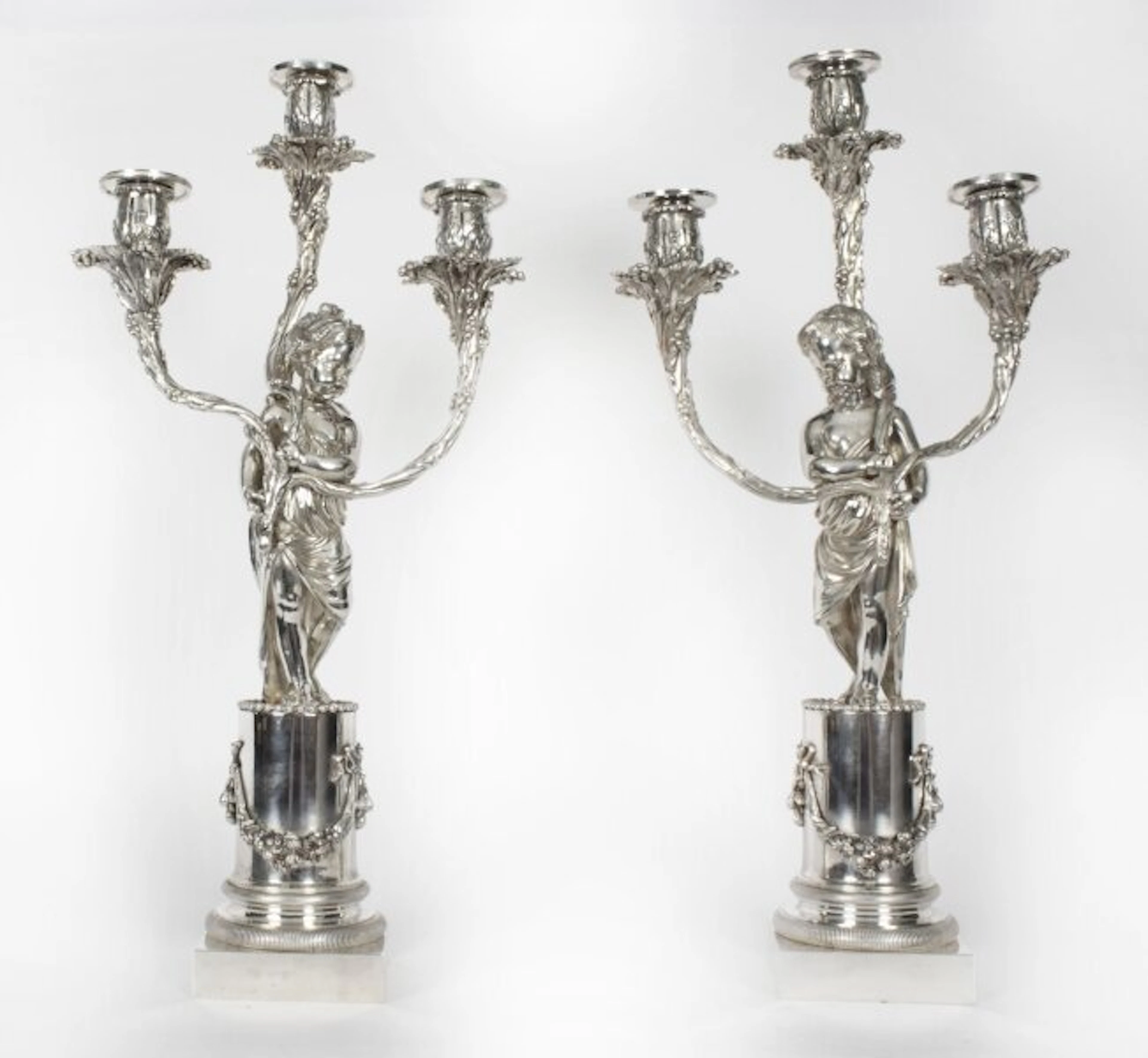 Antique Pair Silver Plated Three Light Cherub Figural Candelabra Circa 1880