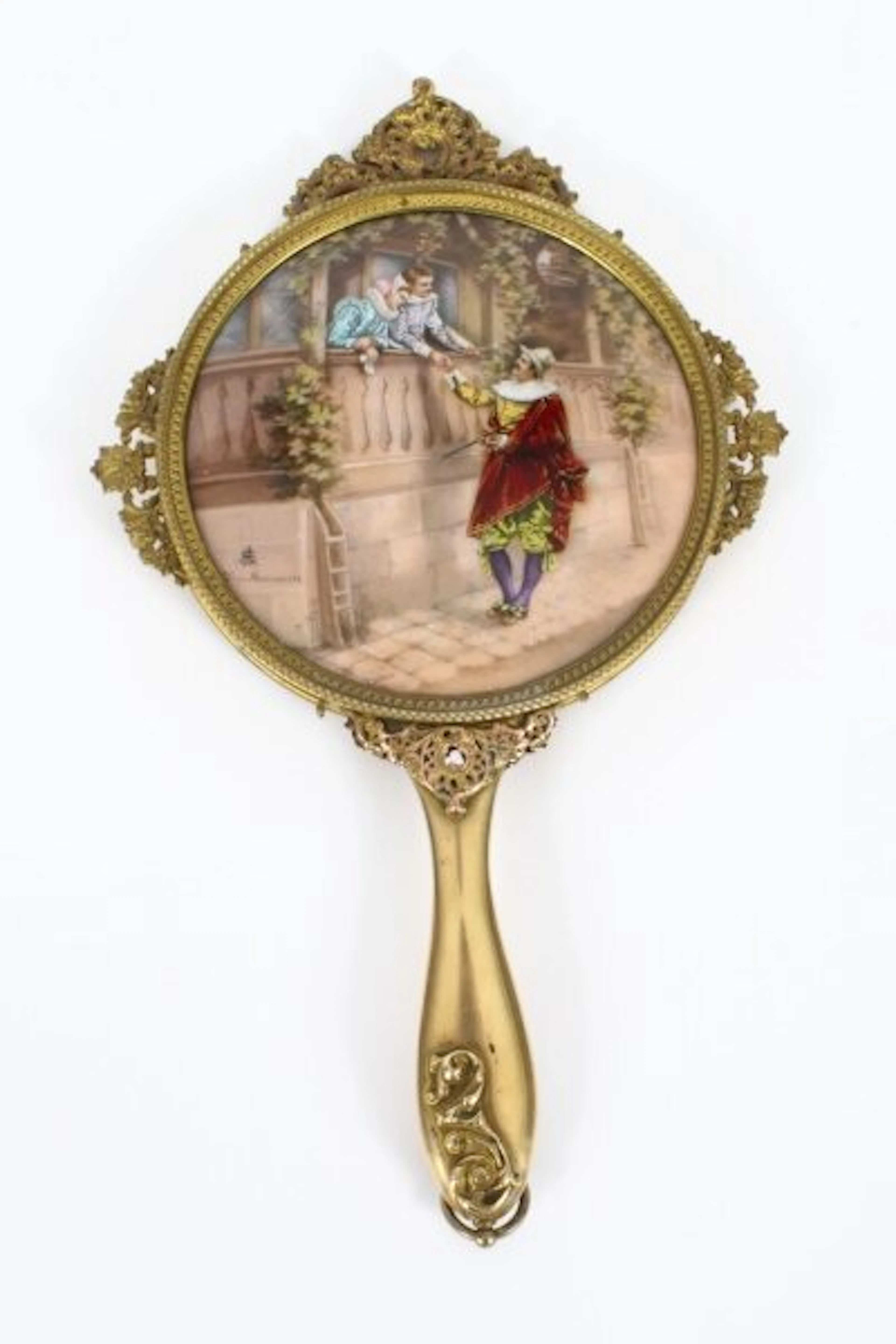Antique French Limoges Ormolu hand-mirror, signed Joseph Meissonnier 19th C