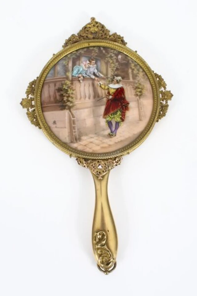 Antique French Limoges Ormolu hand-mirror, signed Joseph Meissonnier 19th C