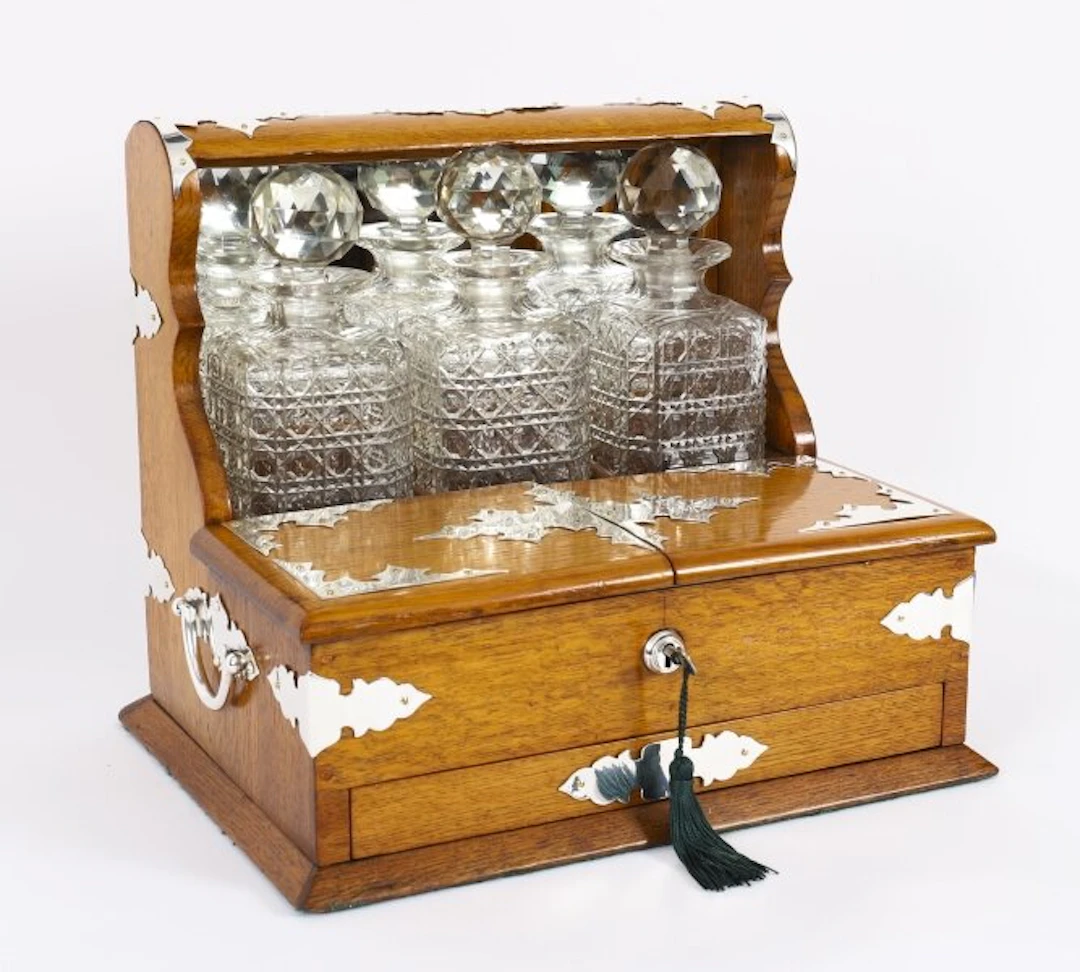 Antique Blonde Oak Tantalus Dry Bar 3 Decanter & Games Compendium 19th C