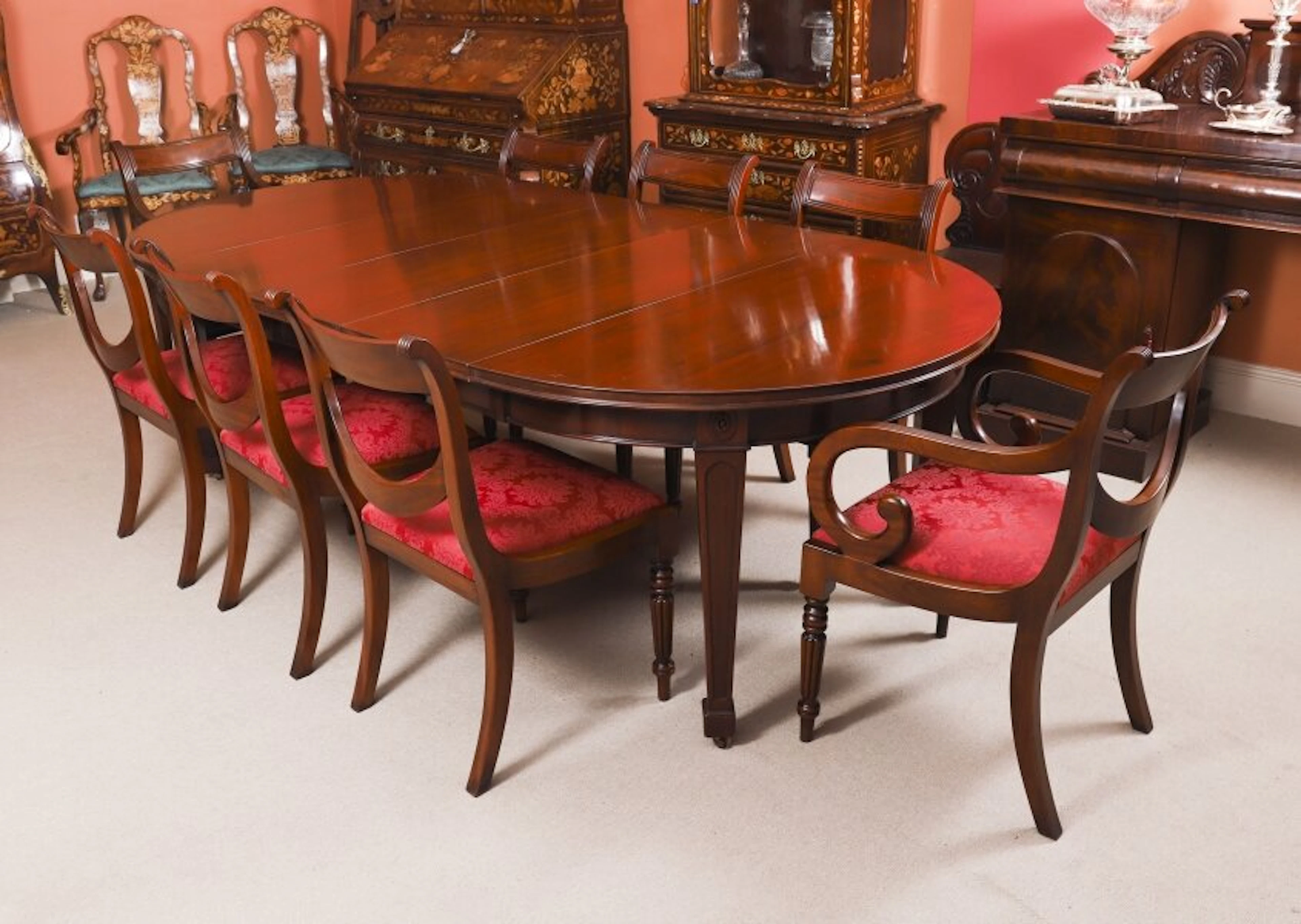 Antique Oval Extending Dining Table 19th C & 8 Swagback Dining Chairs