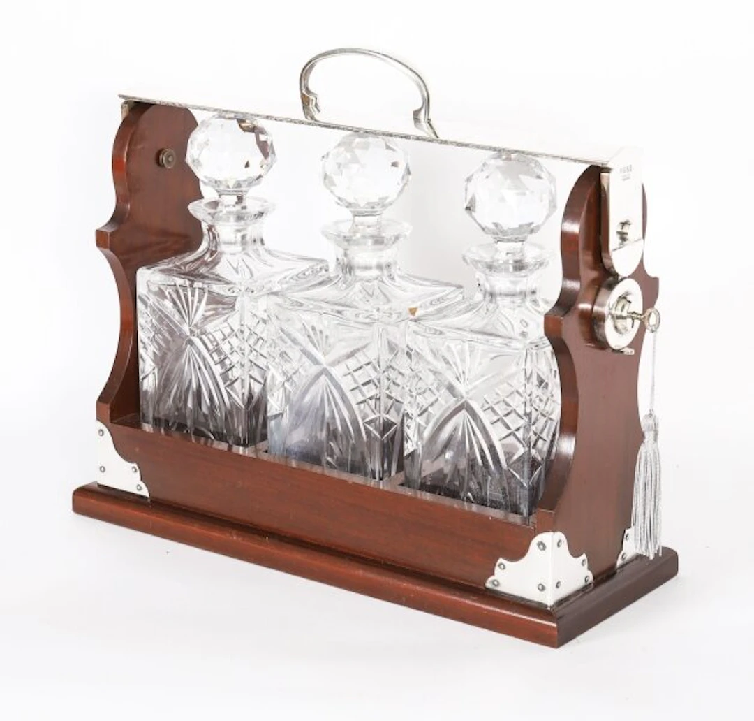 Vintage English Silver Plated Three Bottle Tantalus Late 20th Century