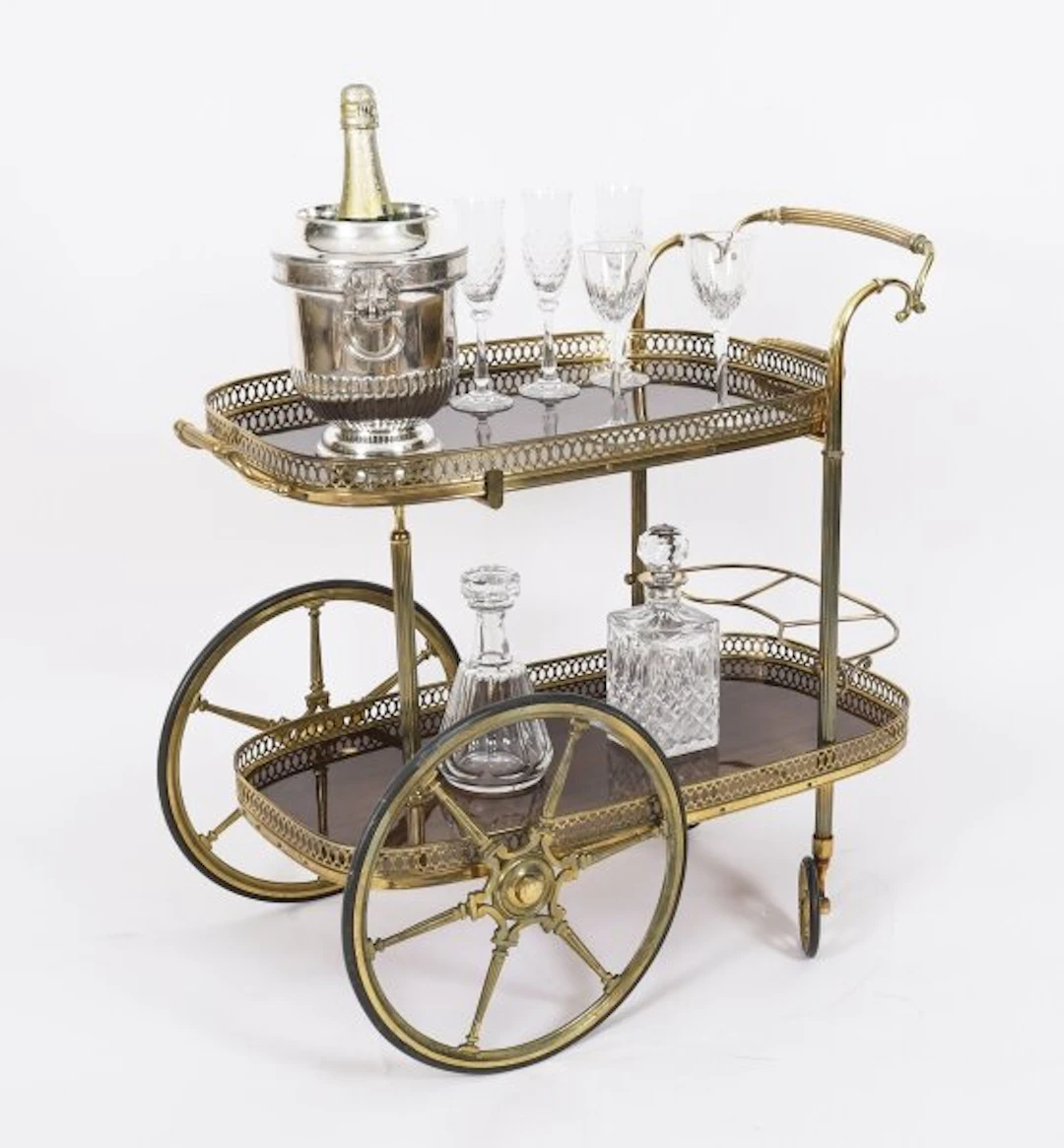 Vintage French Walut Brass Galleried Drinks Trolley C1950 Mid Century