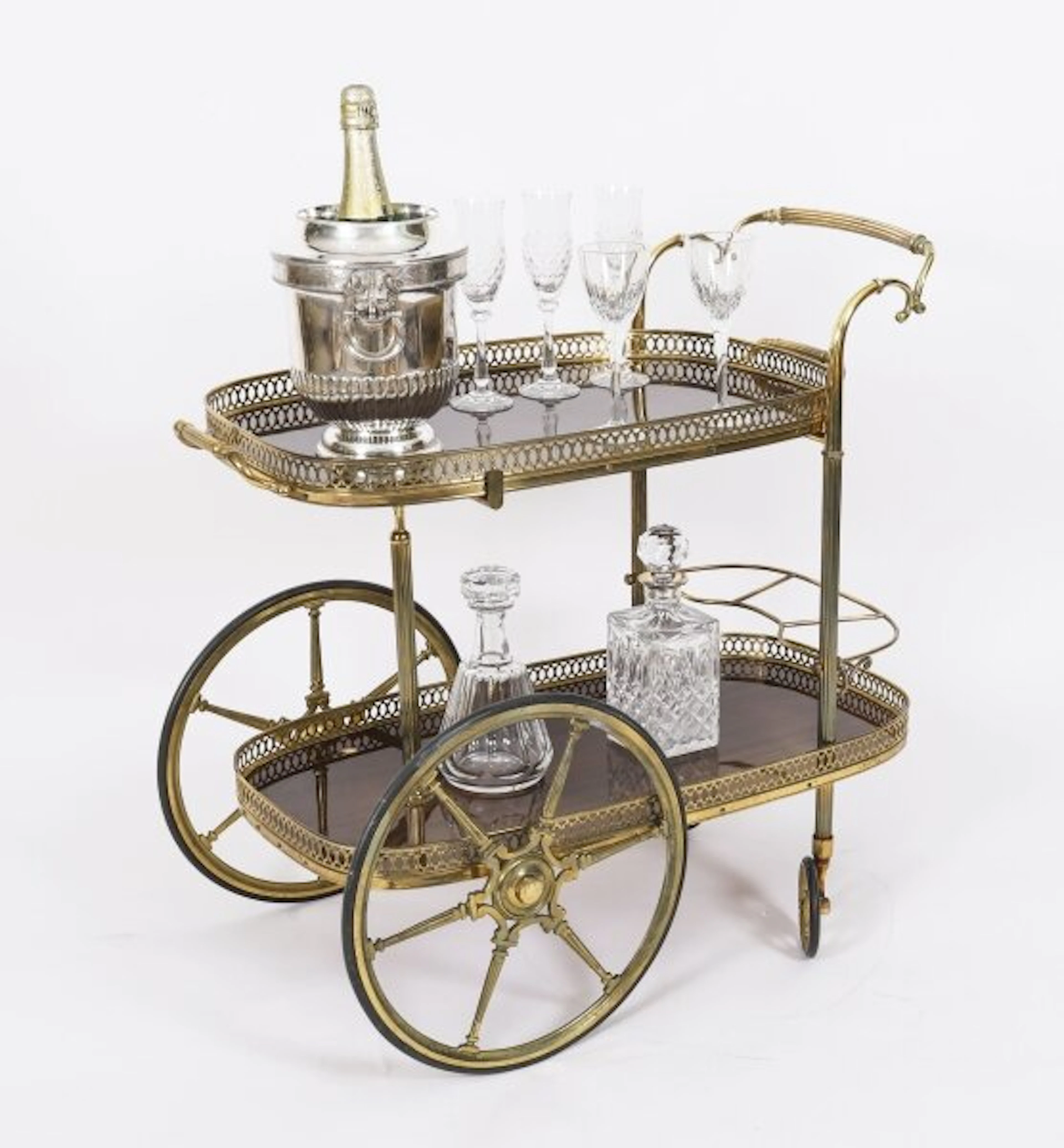 Vintage French Walut Brass Galleried Drinks Trolley C1950 Mid Century