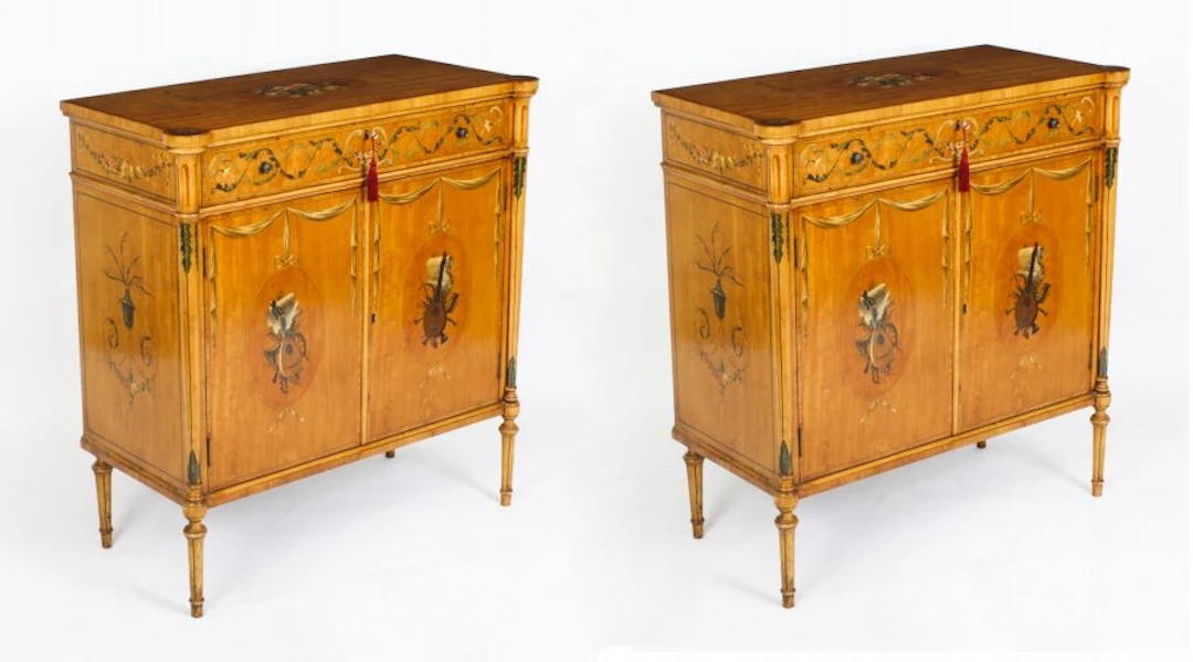 Antique Pair Adam Revival Satinwood Side Cabinets Commodes 19th C