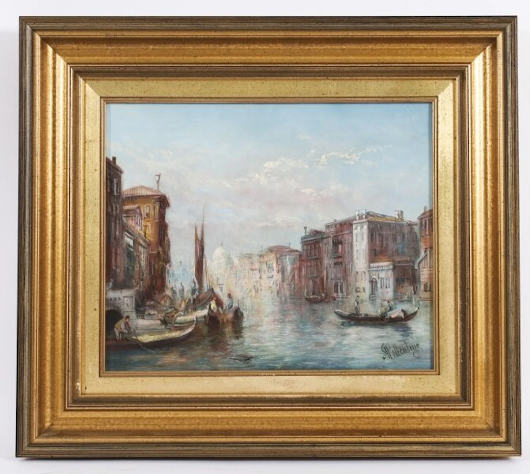 Antique Oil Painting Grand Canal Mocenigo Palace Venice Alfred Pollentine