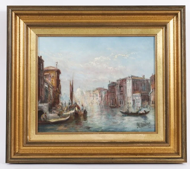 Antique Oil Painting Grand Canal Mocenigo Palace Venice Alfred Pollentine