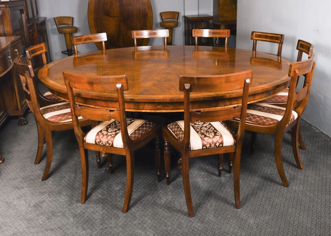 Vintage 7ft6" Diameter Flame Mahogany Dining Table & 10 Chairs 20th C
