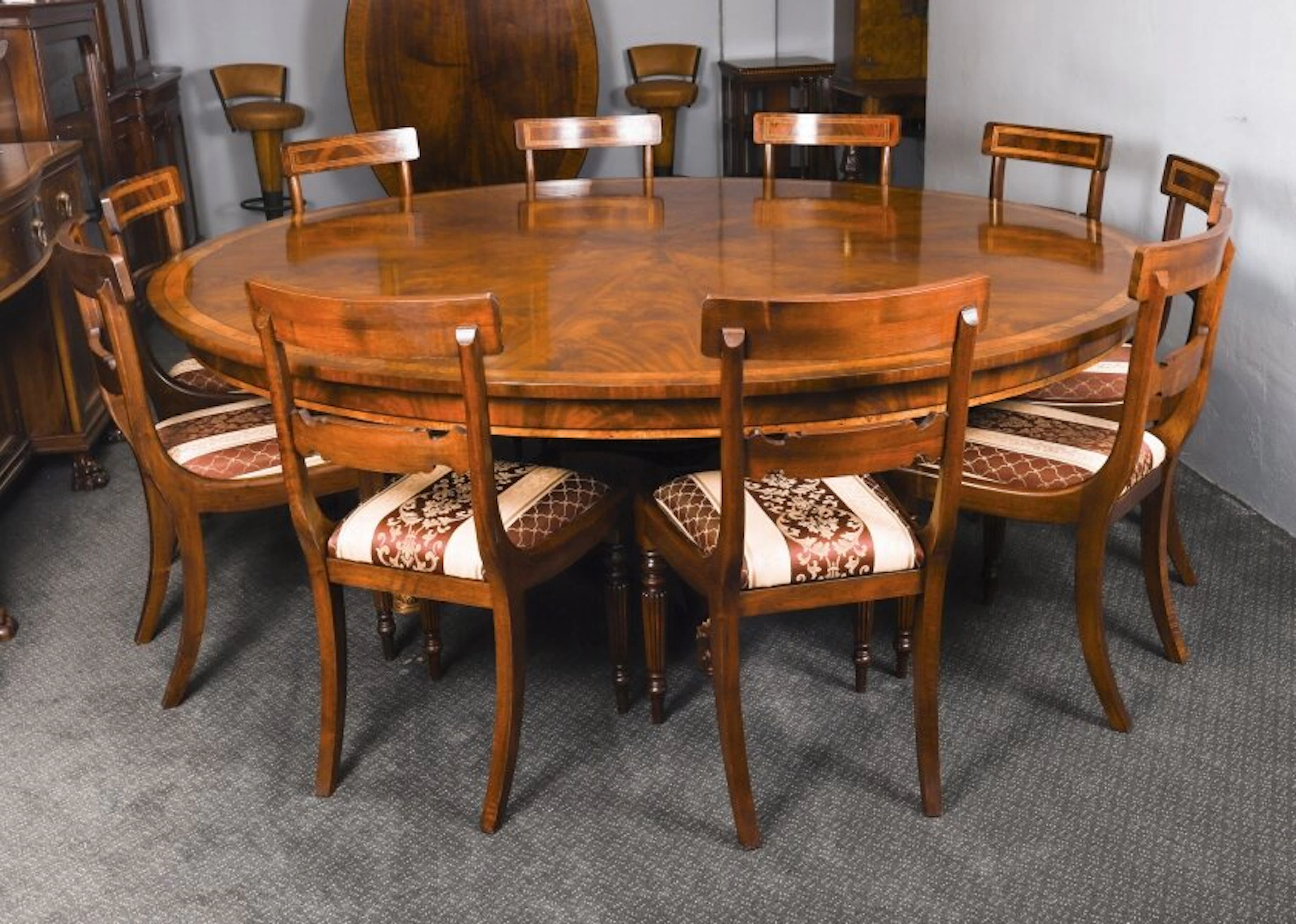 Vintage 7ft6" Diameter Flame Mahogany Dining Table & 10 Chairs 20th C
