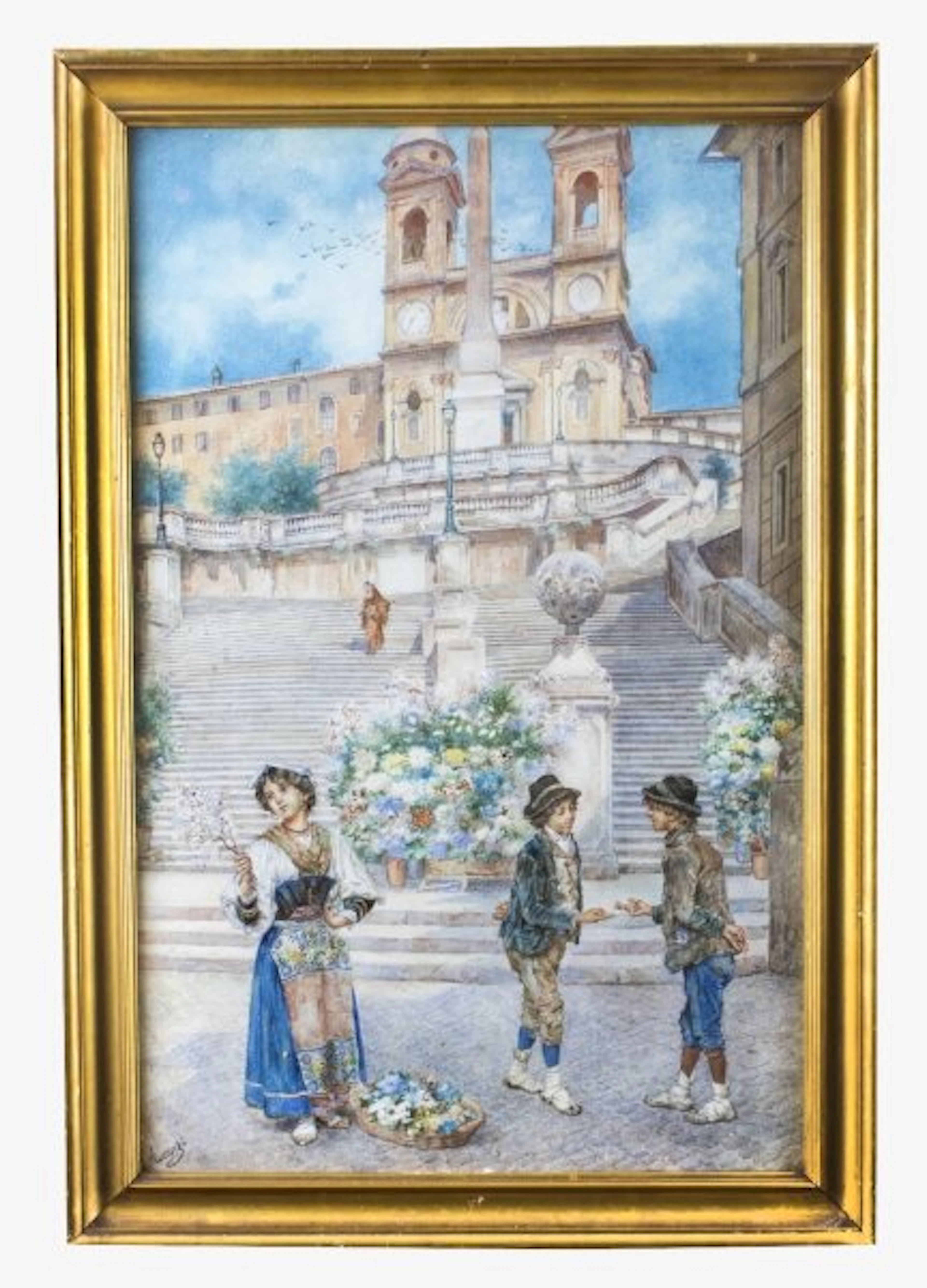 Antique Watercolour of the Spanish Steps, Rome, Ettore Ascenzi 19th C