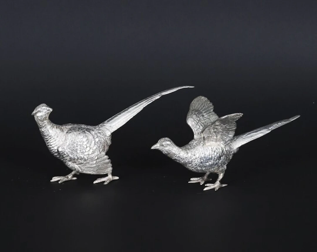 Vintage Pair Sterling Silver Pheasants Edward Barnard & Sons London 1971