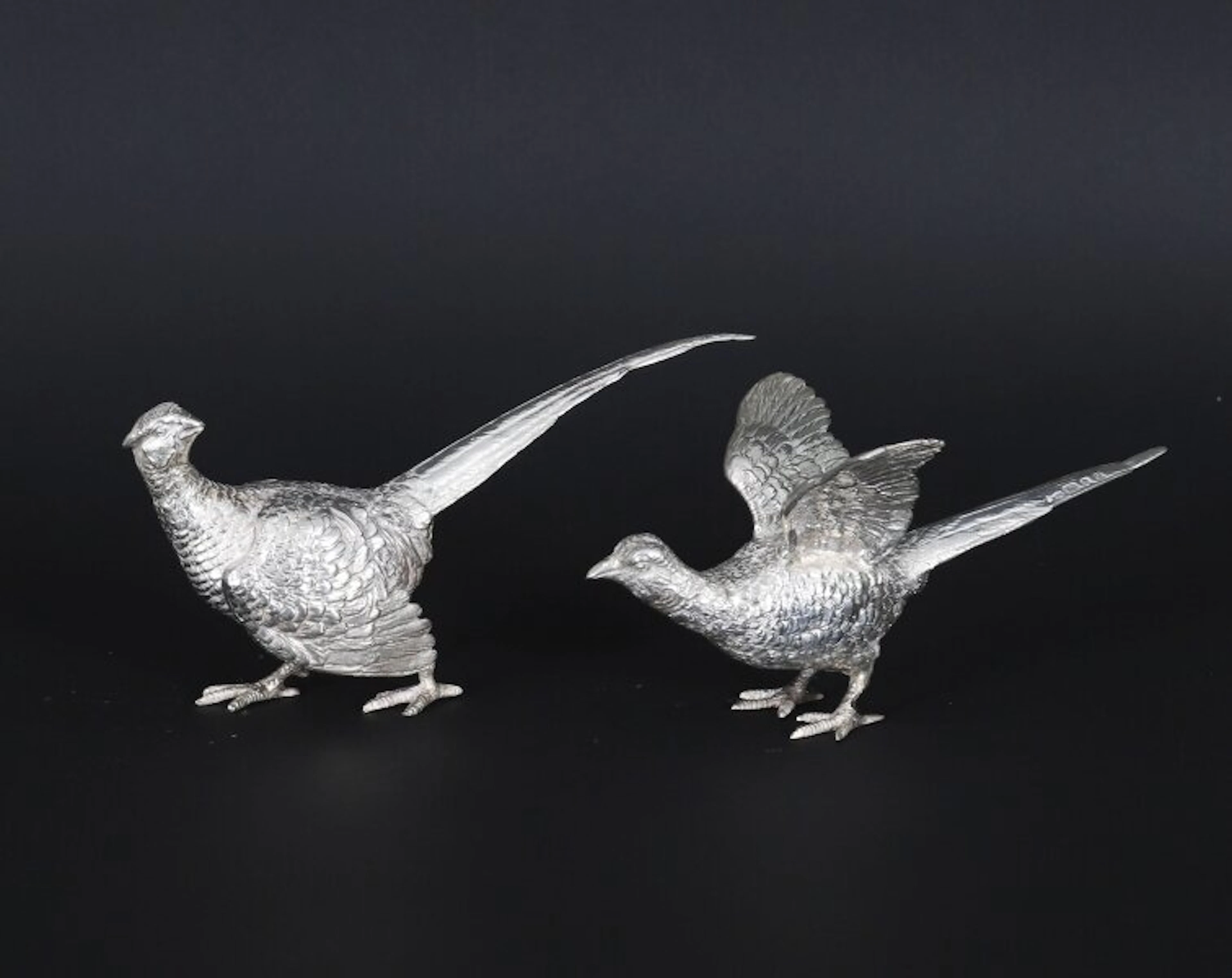 Vintage Pair Sterling Silver Pheasants Edward Barnard & Sons London 1971
