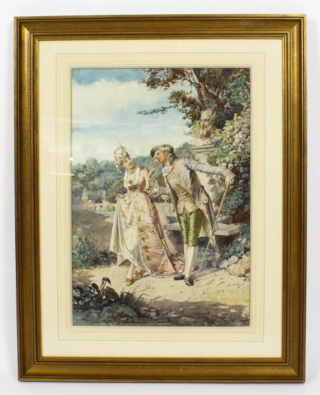 Antique Water Colour "The Romantic Walk" by Belisario Gioja 19th C