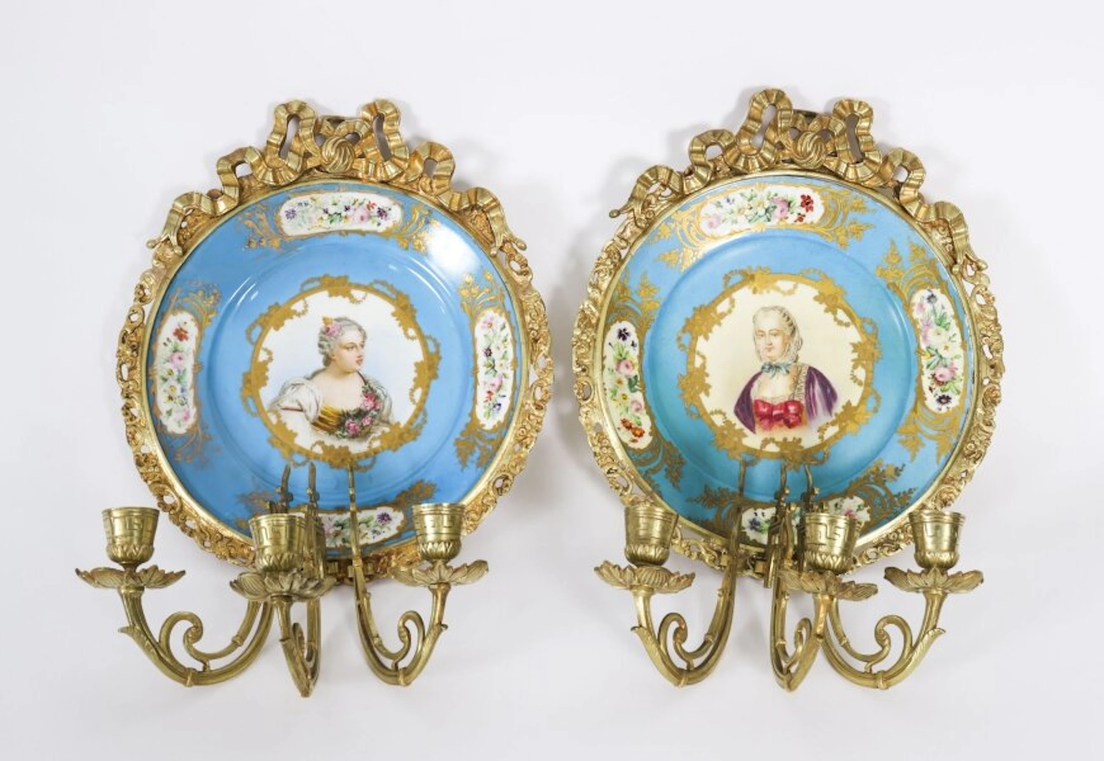 Antique Pair Ormolu & Sevres Porcelain Portraits Wall Lights Sconces 19th C