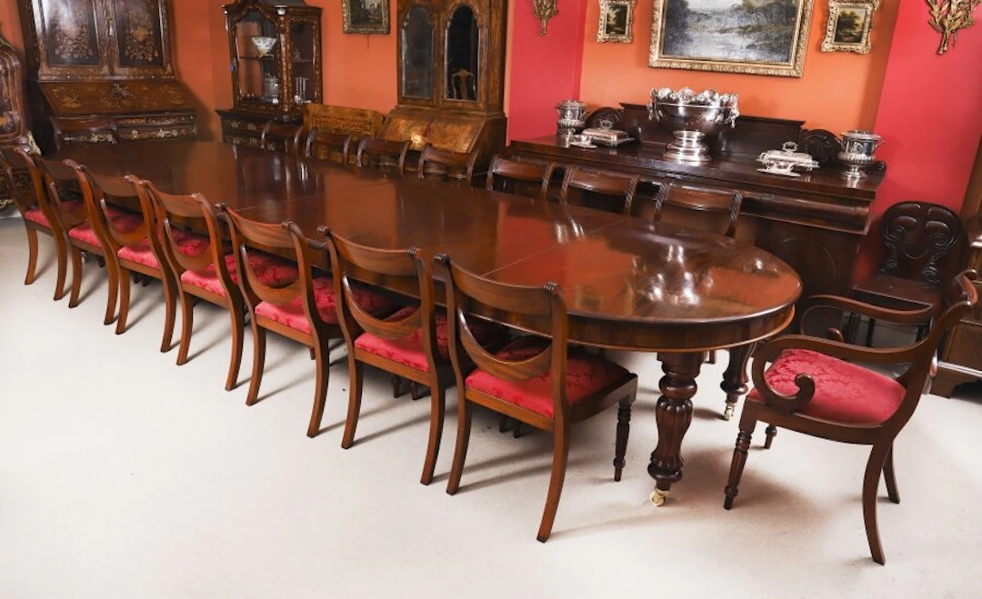 Antique 19th C 16ft Mahogany Extending Dining Table & 16 Swag Back Chairs