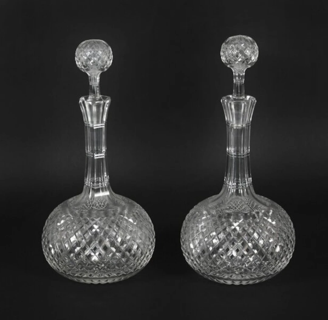 Antique Pair Etched Glass Decanters and Stoppers 19th Century