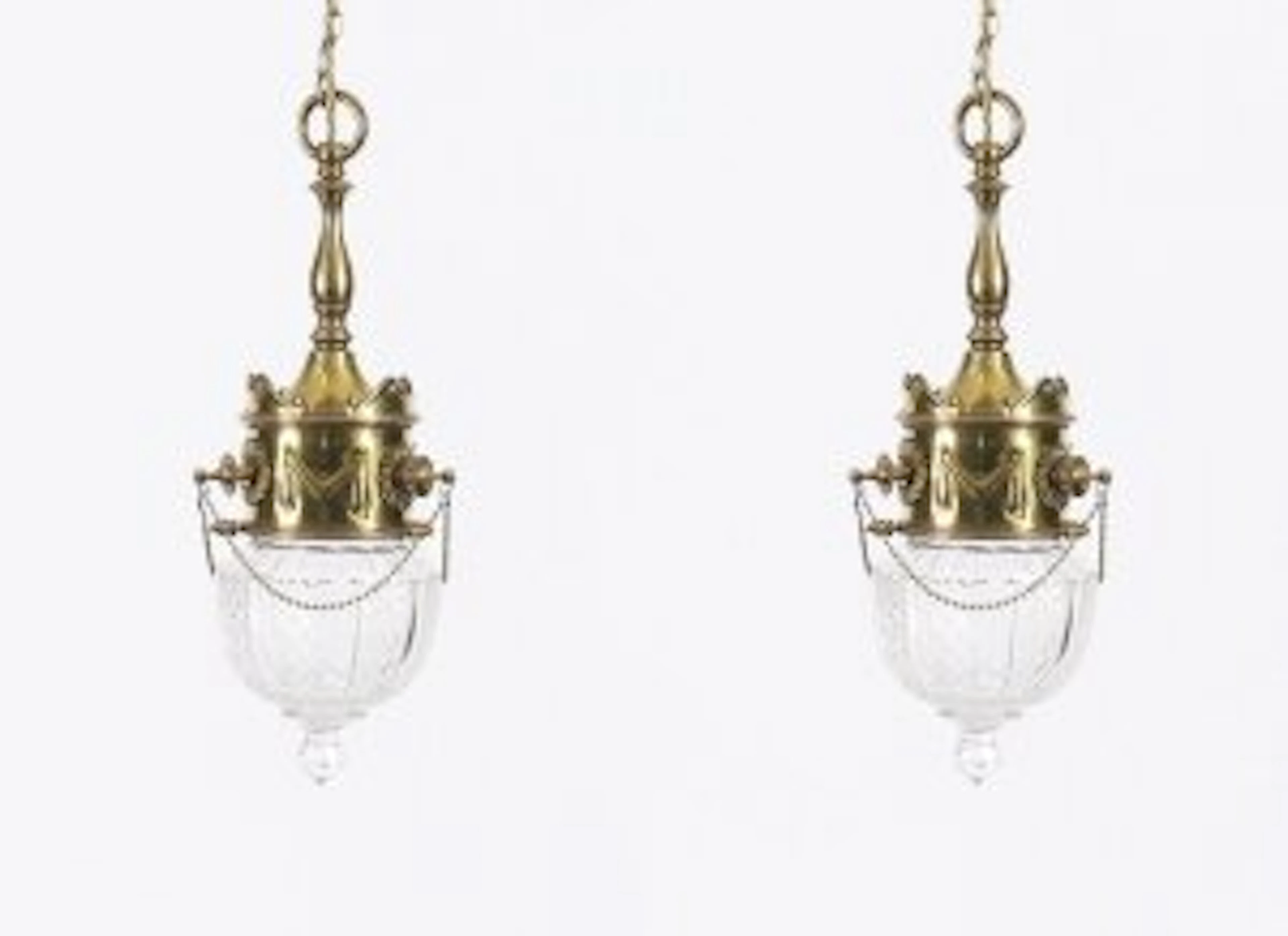 Antique Edwardian Pair Brass & Cut Crystal Ceiling Lights Circa 1900