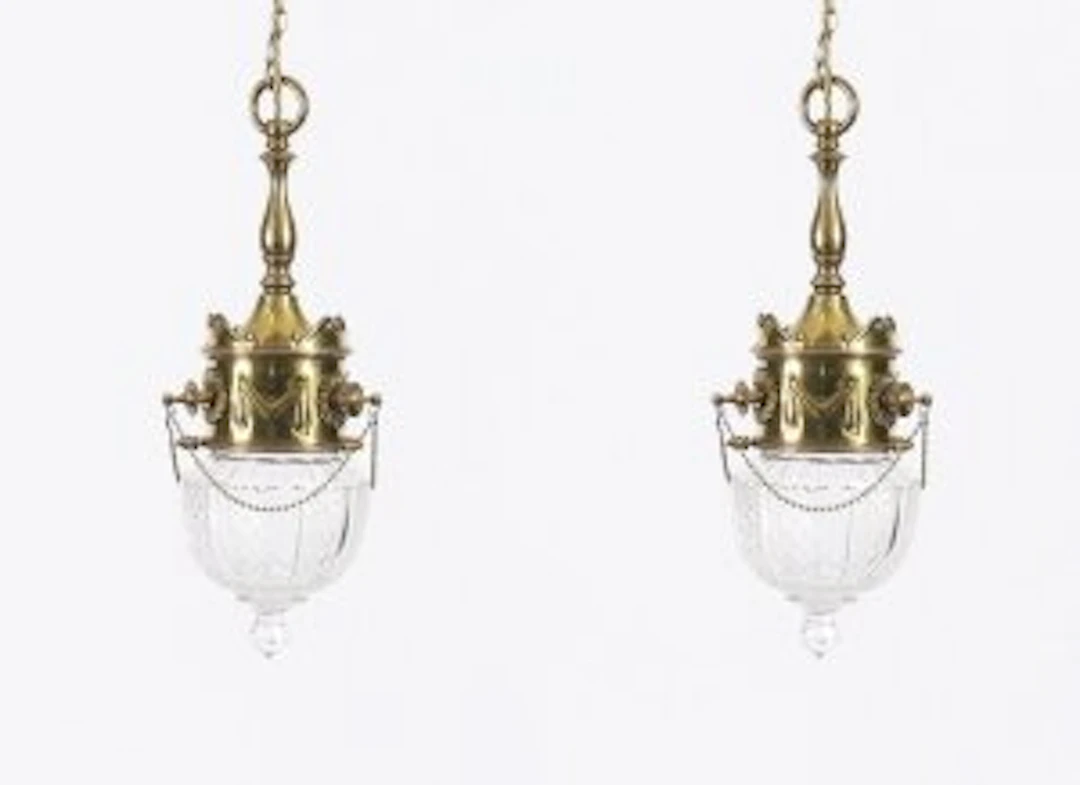 Antique Edwardian Pair Brass & Cut Crystal Ceiling Lights Circa 1900