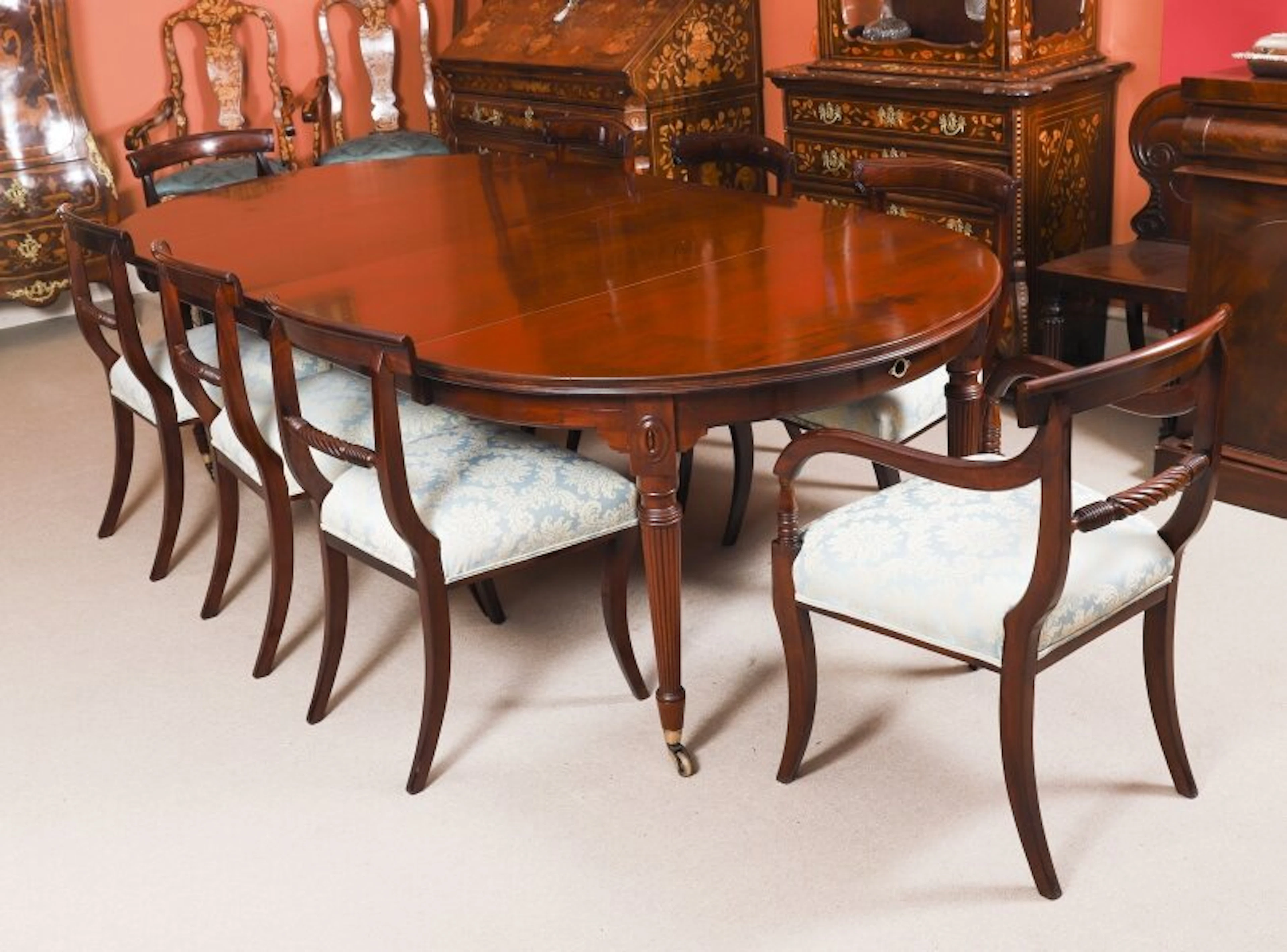 Antique Victorian Extending Dining Table & 8 Regency Dining Chairs 19th C