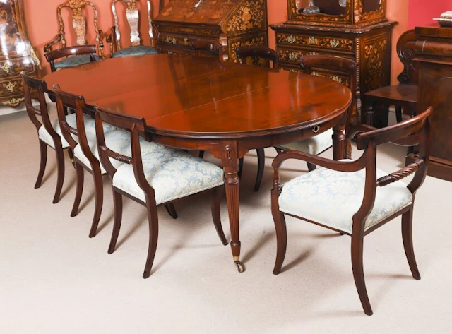 Antique Victorian Extending Dining Table & 8 Regency Dining Chairs 19th C