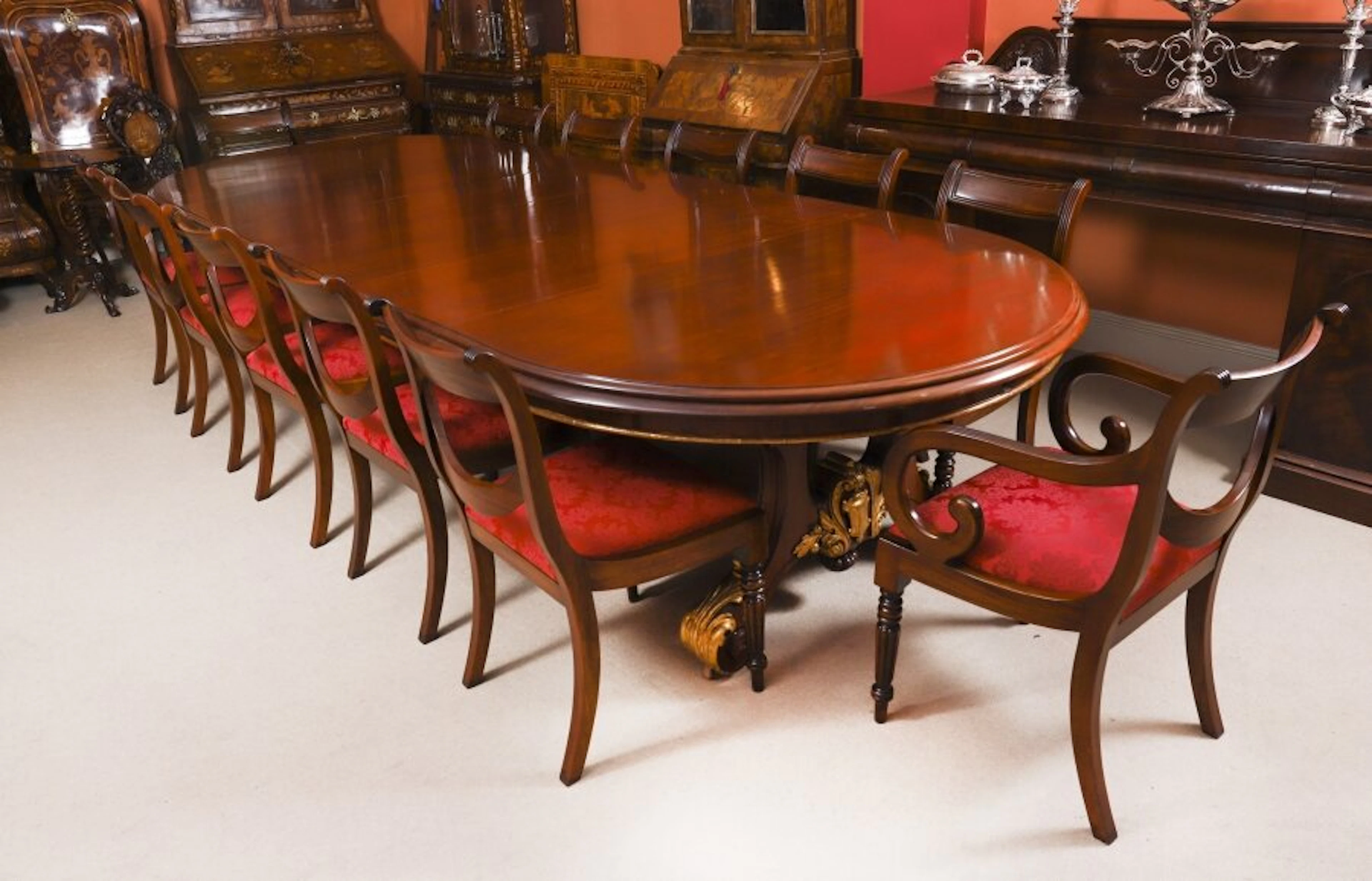 Antique Victorian Mahogany Twin Base Dining Table & 12 chairs 19th Century