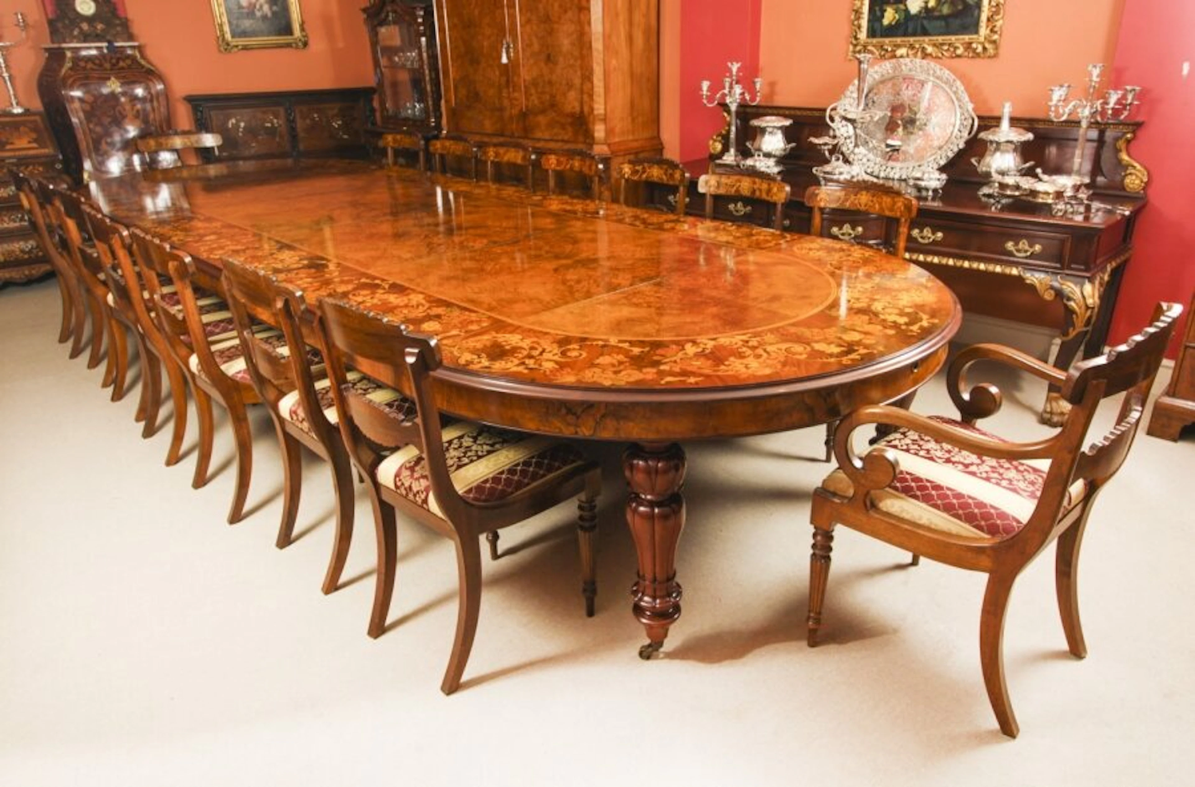 Bespoke 16ft Burr Walnut Marquetry Dining Table & 16 chairs