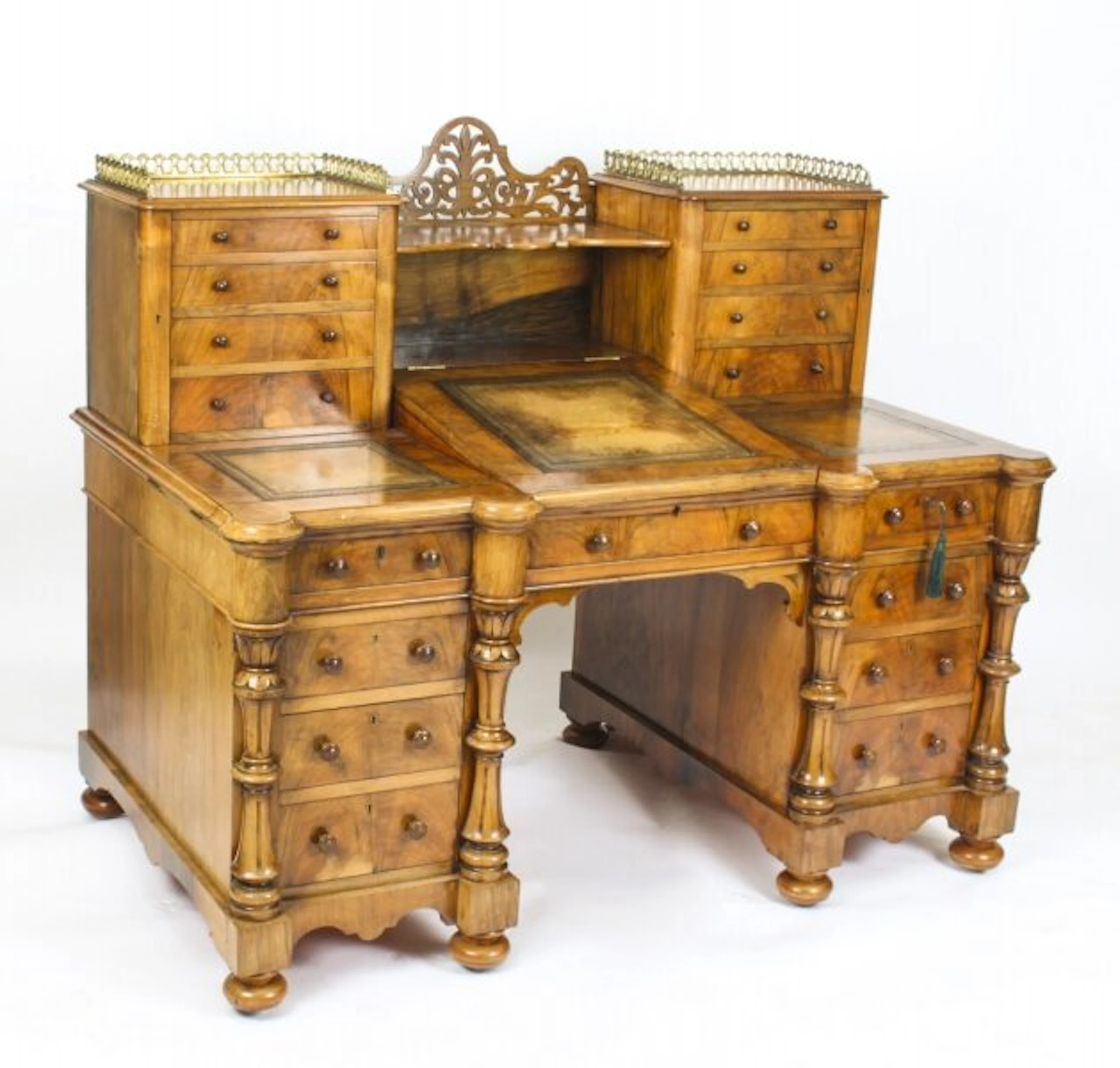Antique Victorian Burr Walnut Dickens Pedestal Desk C. 1880 19th C