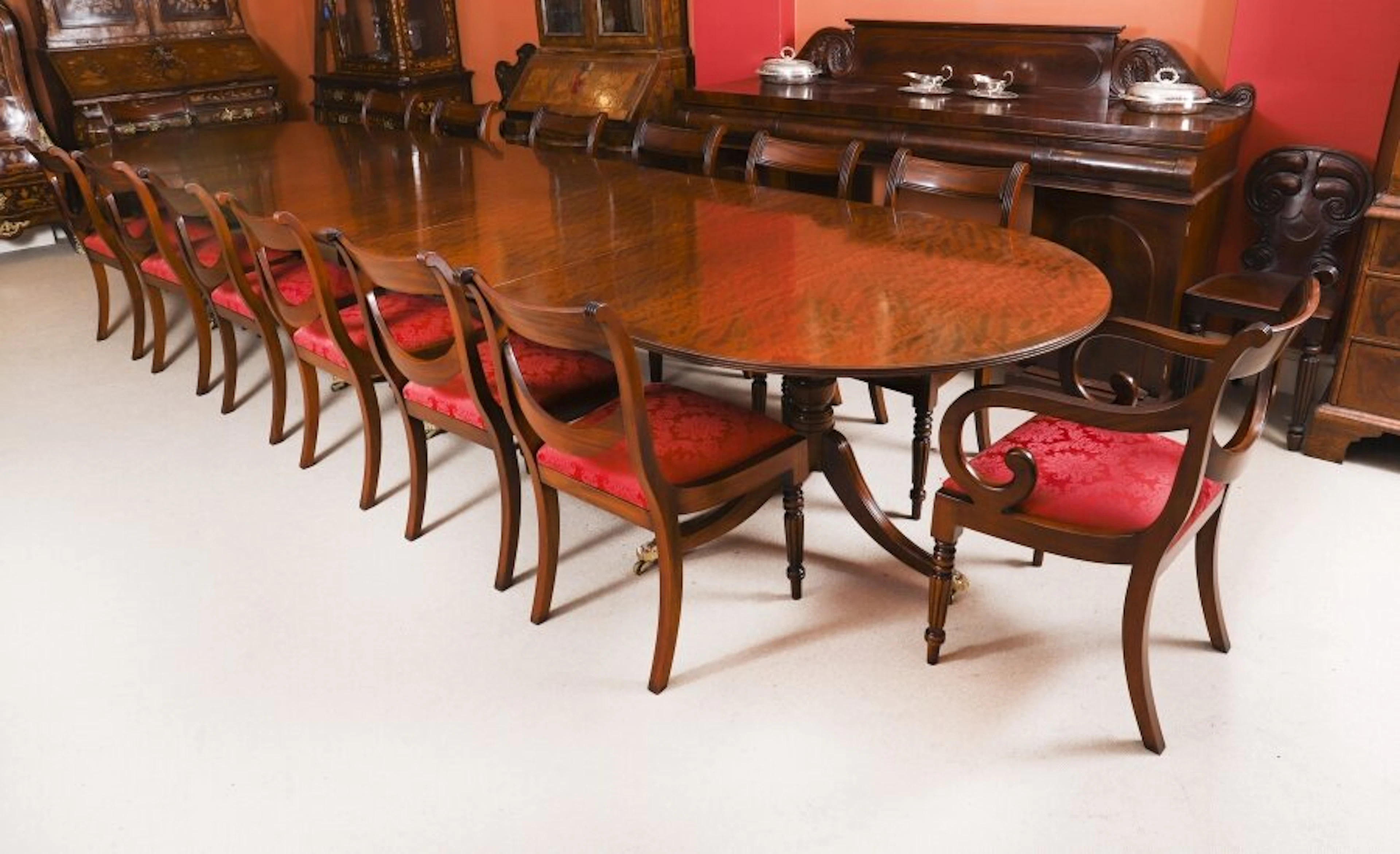 Vintage 15ft Regency Revival 3 pillar dining table & 14 Swagback chairs 20th C