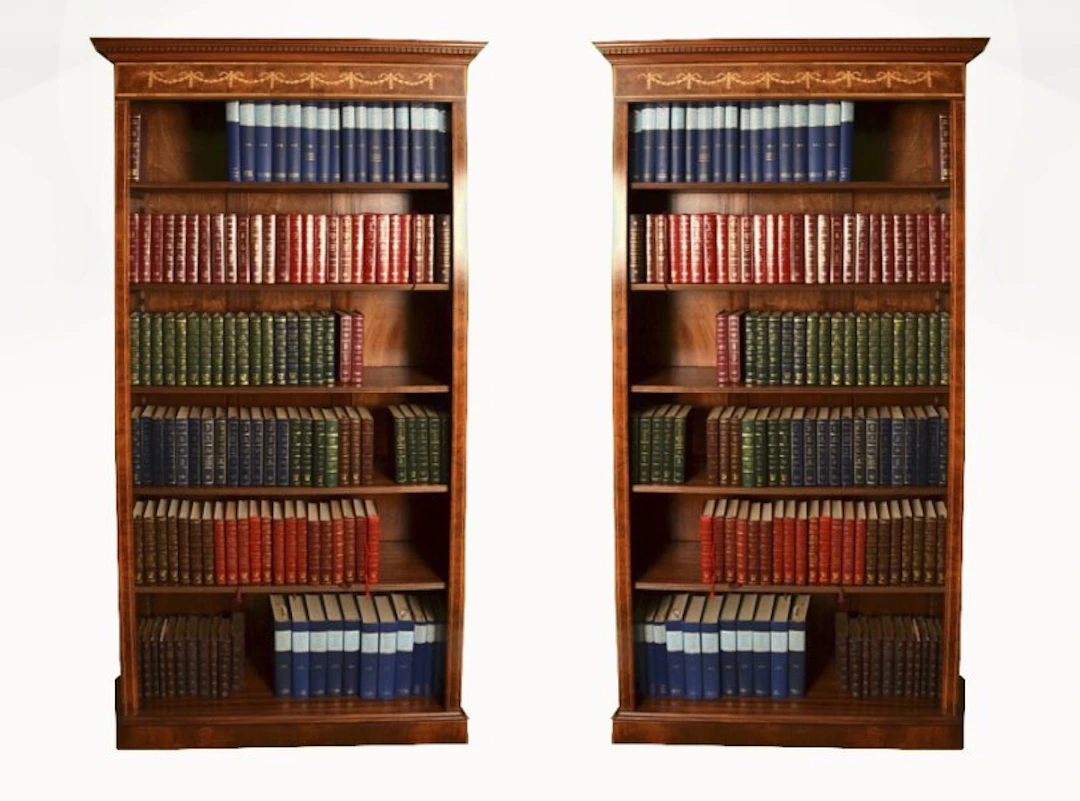 Vintage Pair Sheraton Style Burr Walnut Open Bookcases Late 20th C