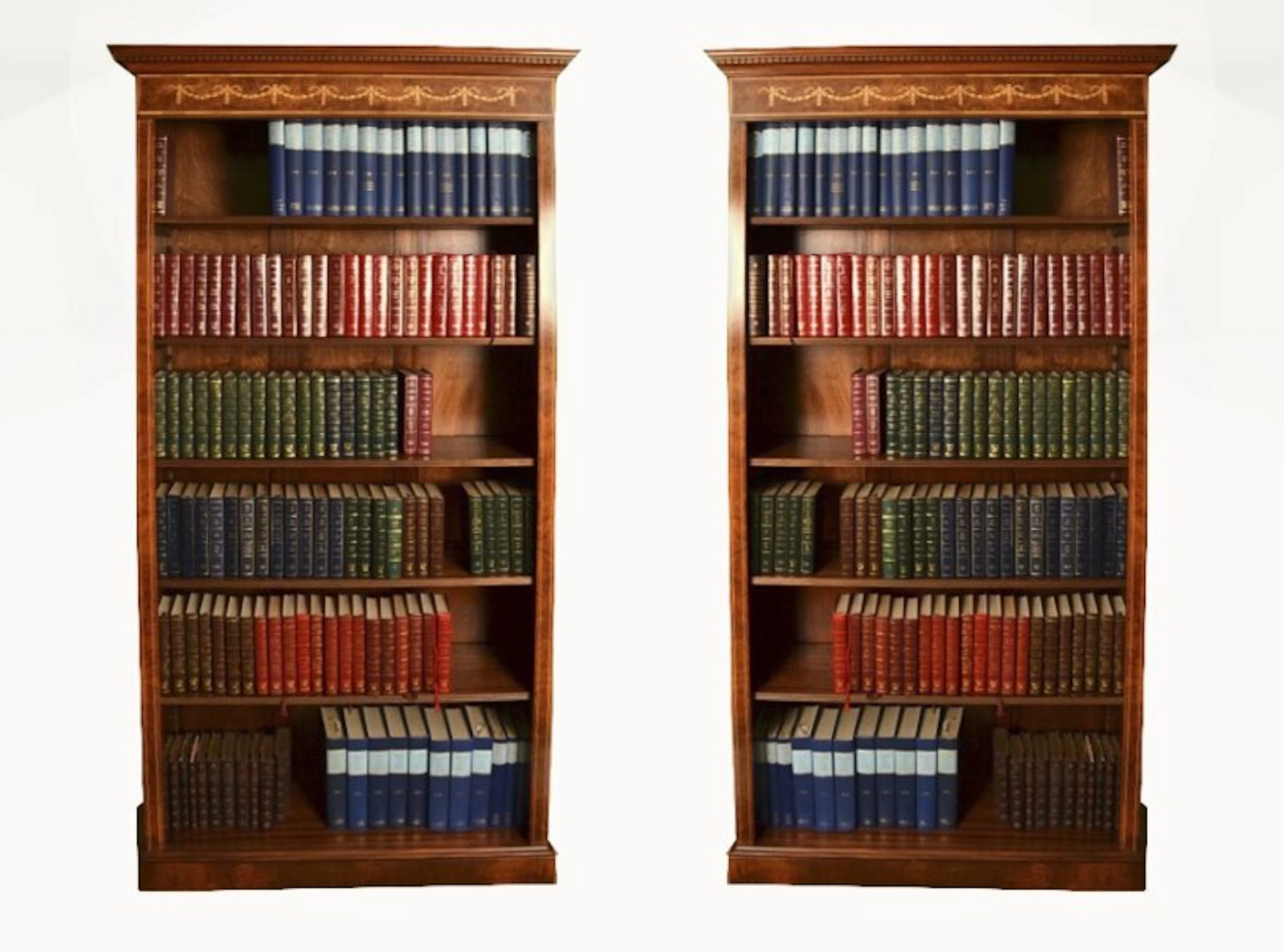 Vintage Pair Sheraton Style Burr Walnut Open Bookcases Late 20th C