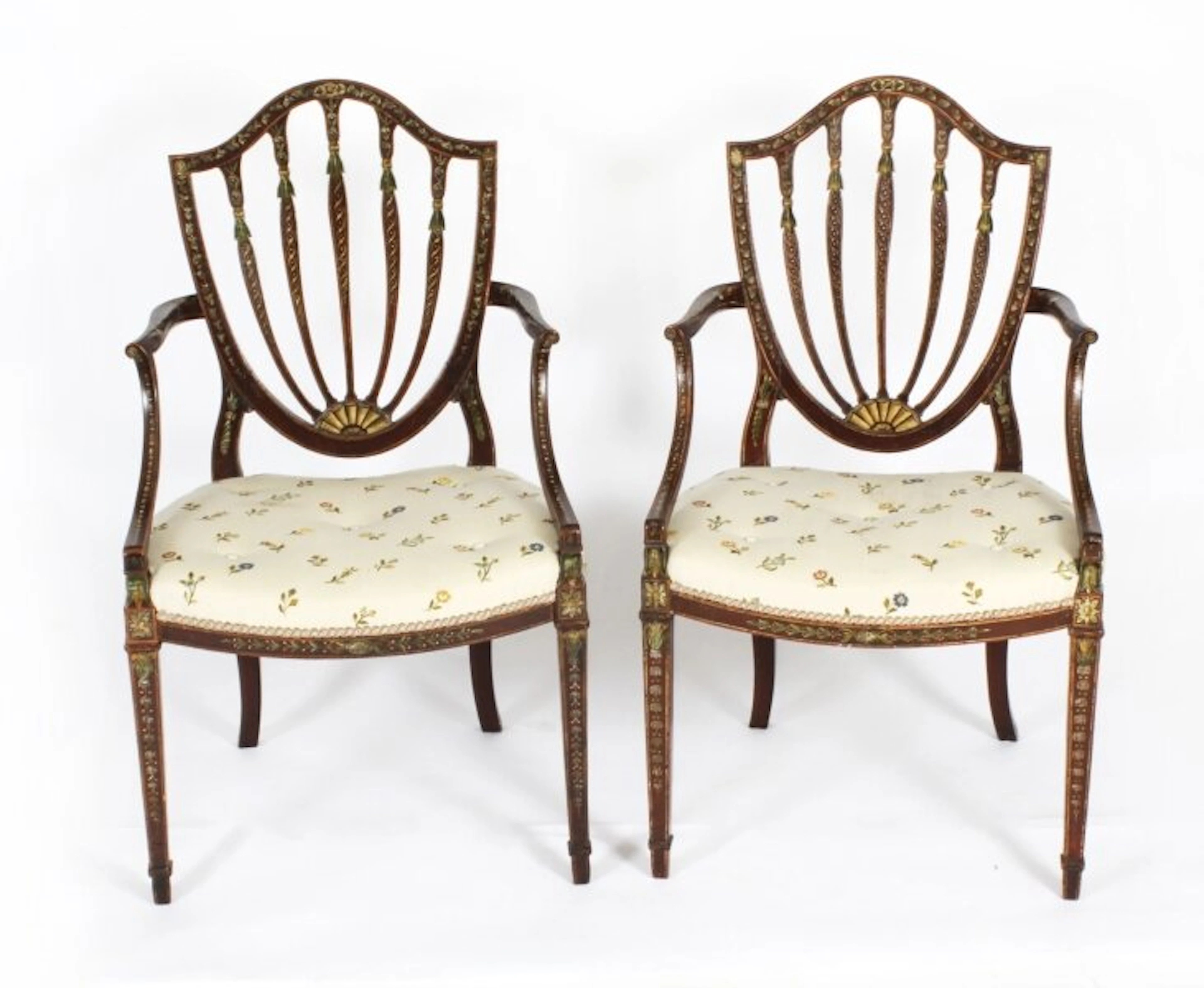 Antique Pair George III Polychrome Decorated Open Armchairs C1785 18th C