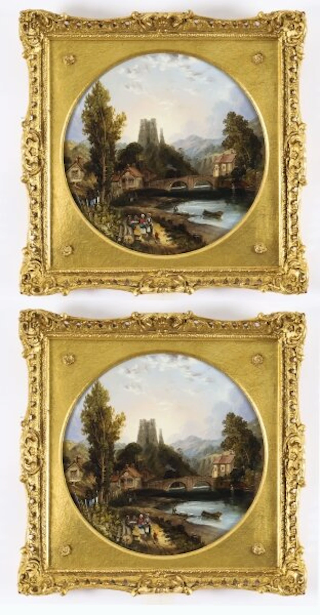 Antique Pair Oil on Board Tondo Landscape Paintings John Bell Mid 19th C
