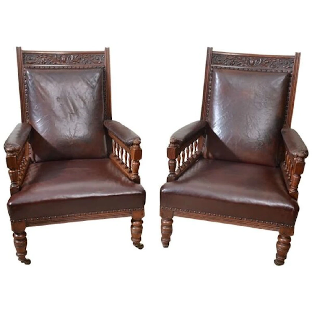 Antique Pair of English Walnut Leather Armchairs 19th C