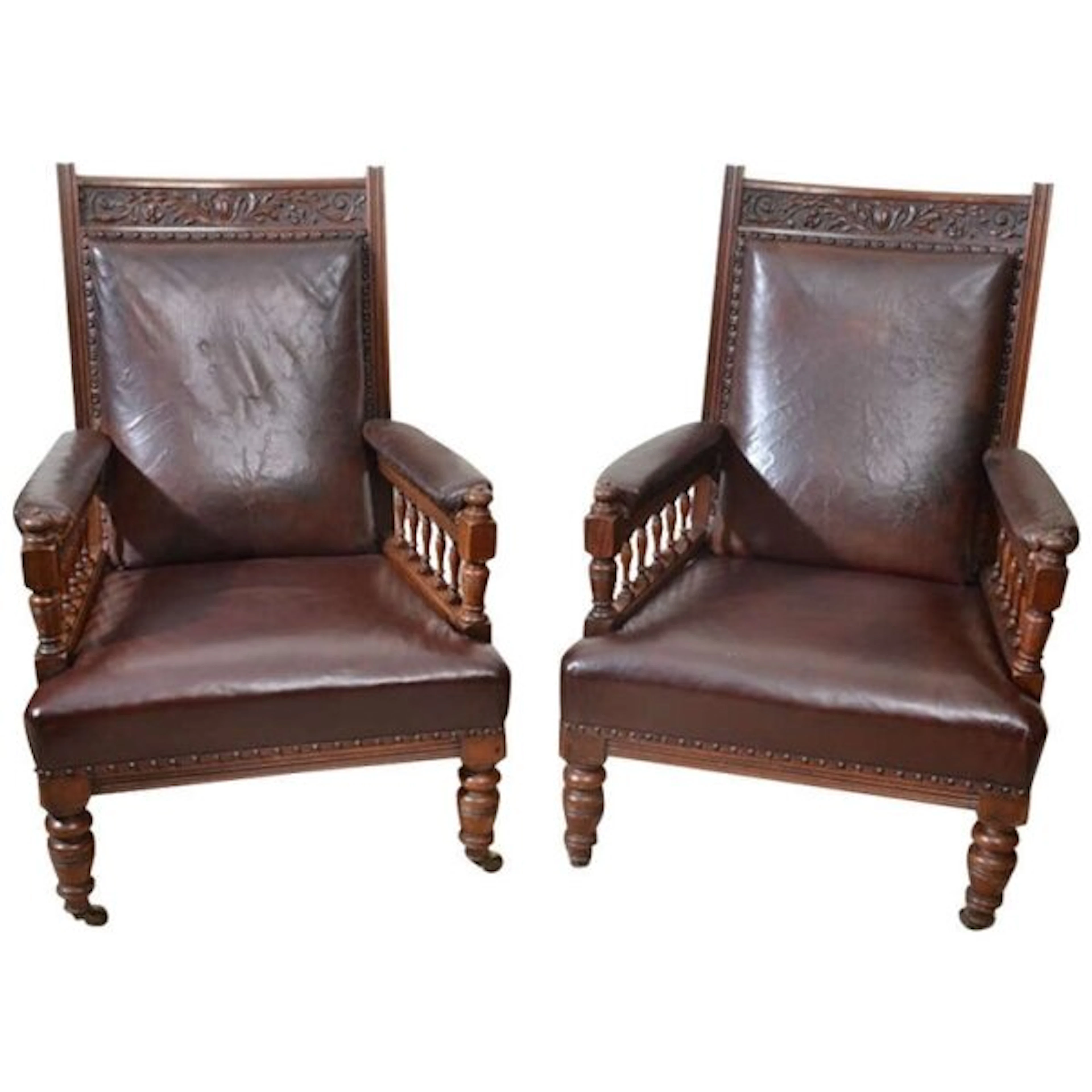 Antique Pair of English Walnut Leather Armchairs 19th C