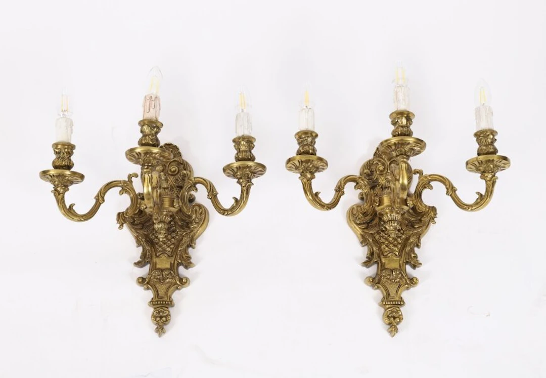 Antique Pair of French Louis Revival 3 Branch Ormolu Wall Lights C1900