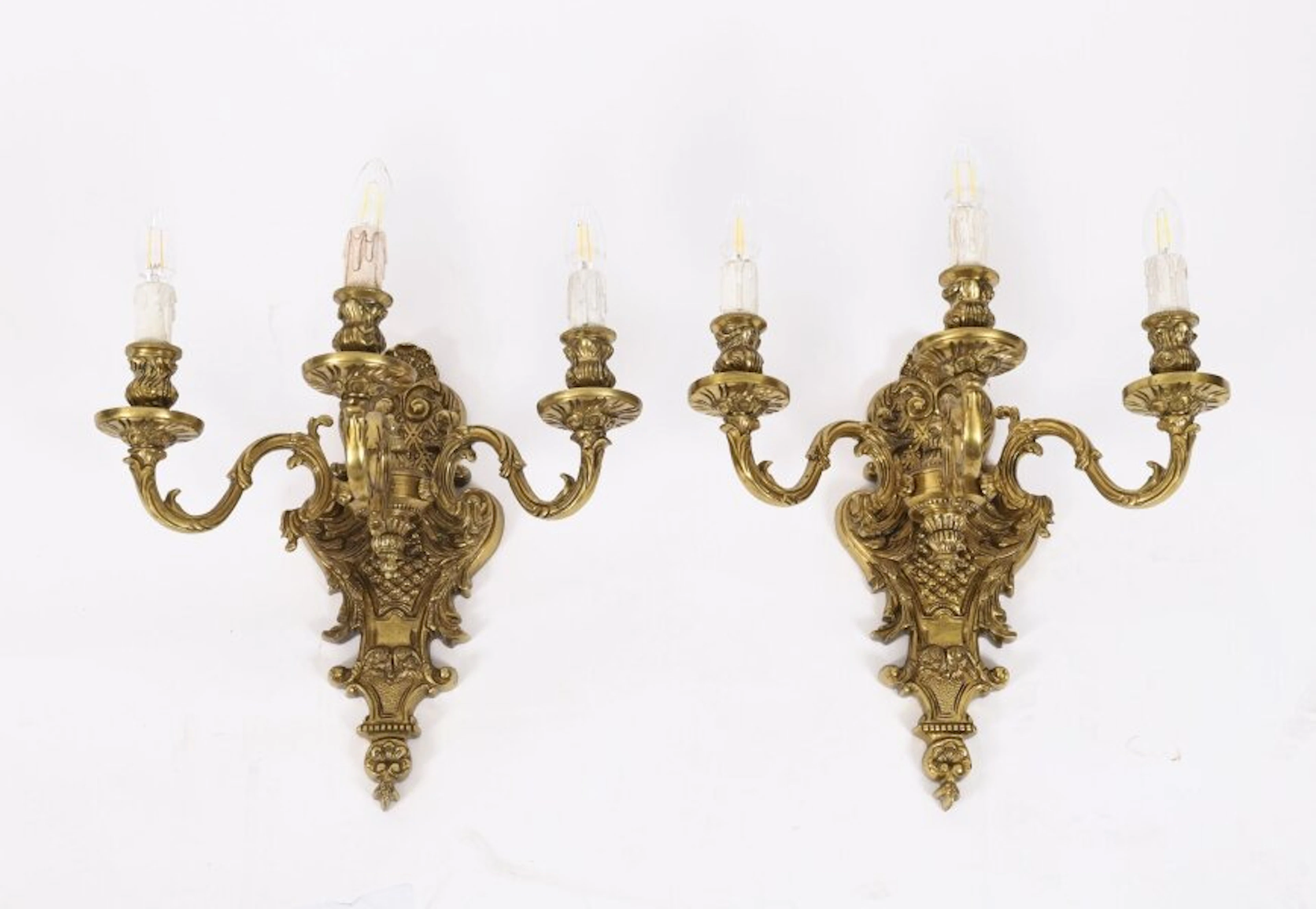 Antique Pair of French Louis Revival 3 Branch Ormolu Wall Lights C1900