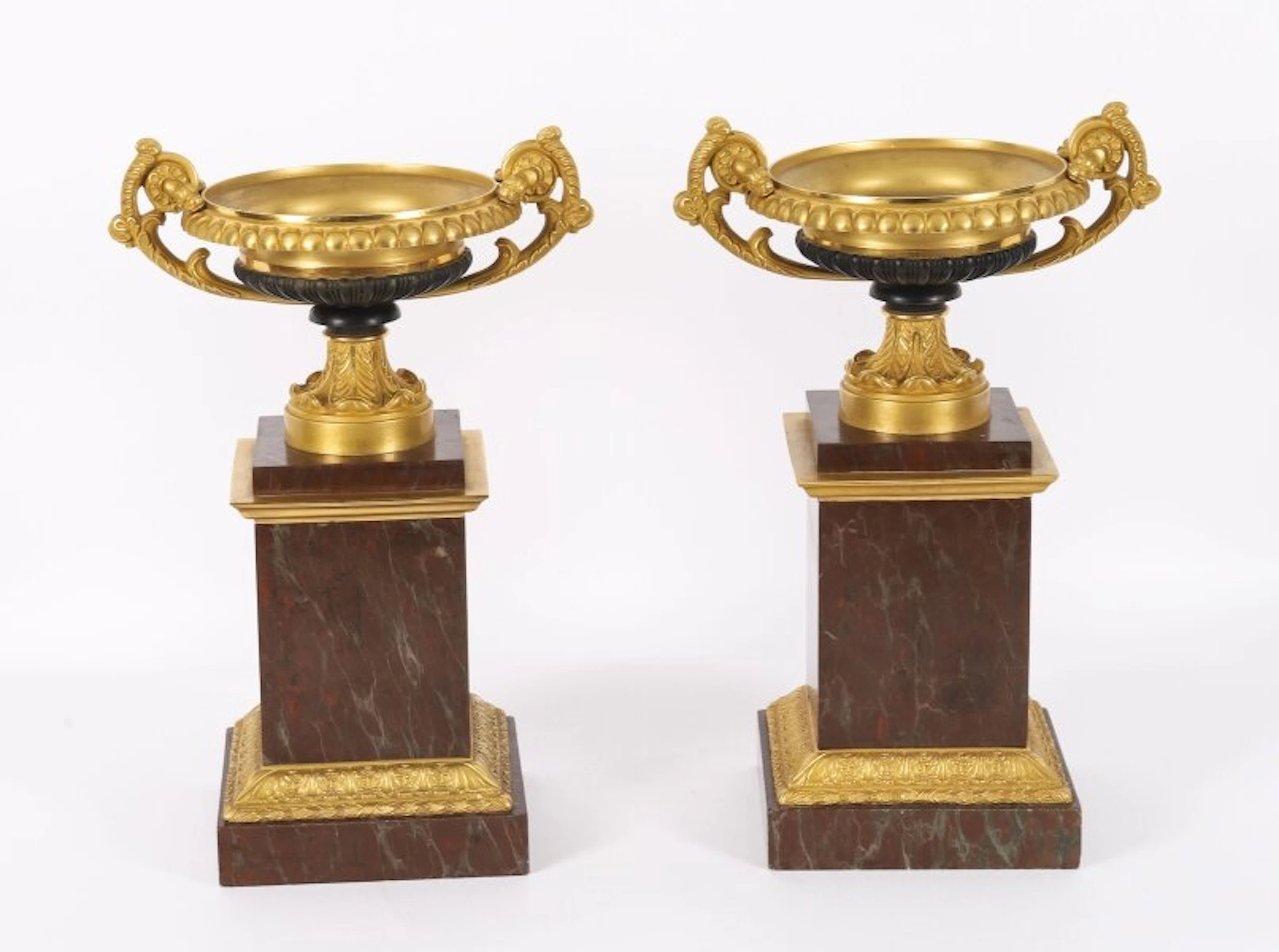 Antique Pair French Grand Tour Ormolu, Bronze & Marble Tazzas 19th C