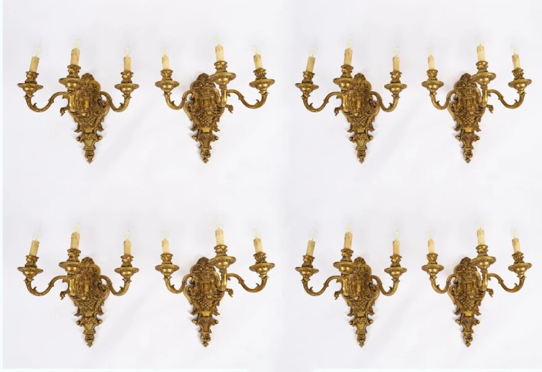 Antique set of 8 French Gilt Bronze Ormolu Wall Lights Appliques Circa 1900