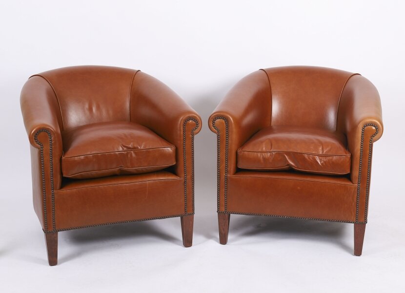 Bespoke Pair English Handmade Amsterdam Leather Arm Chairs Malt