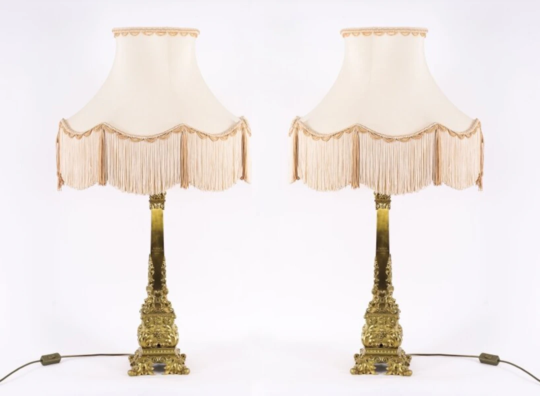 Antique Monumental Pair French Ormolu Corby Castle Table Lamps C1850