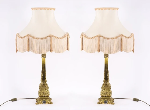 Antique Monumental Pair French Ormolu Corby Castle Table Lamps C1850