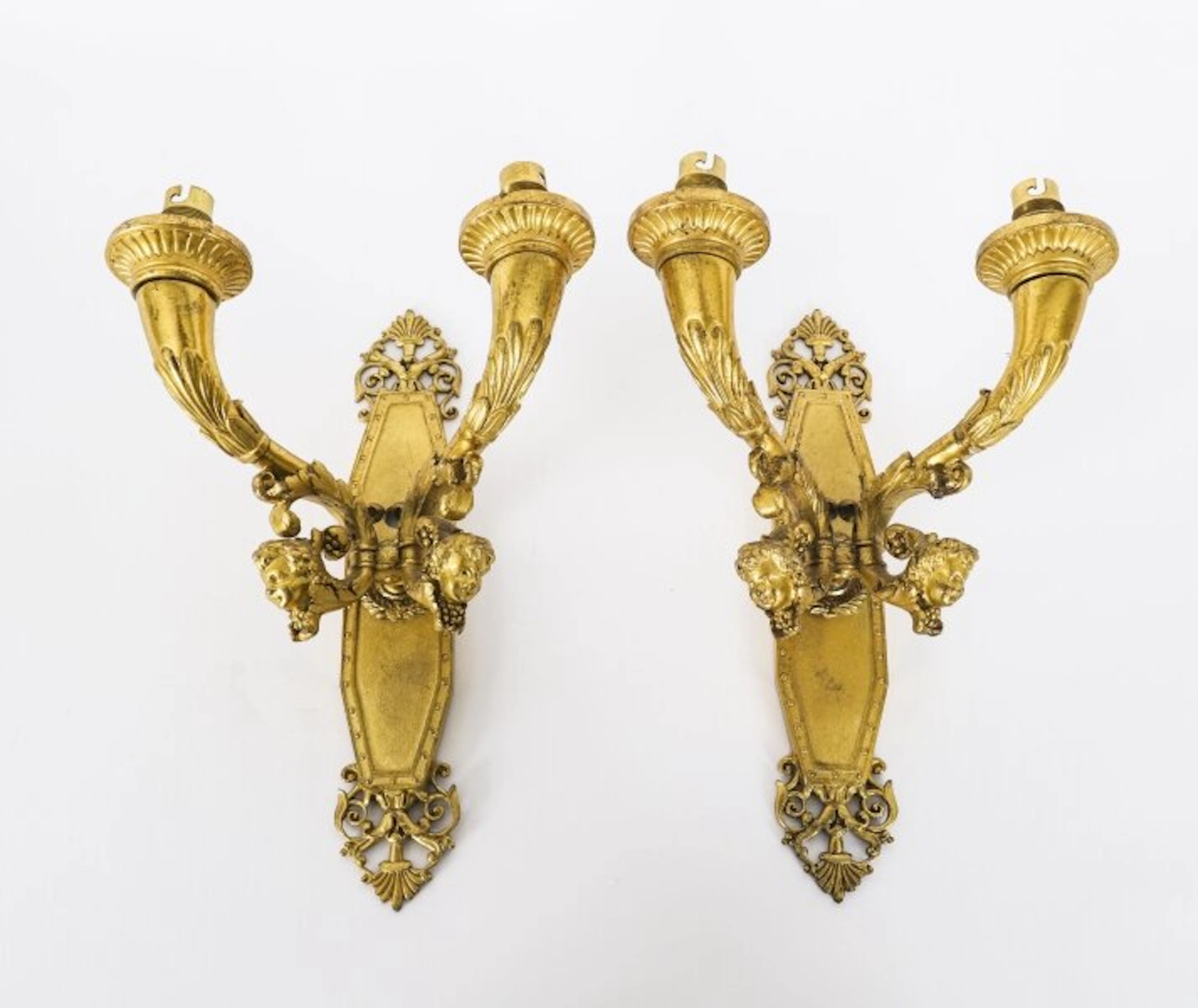 Antique Pair of French Louis XIV Revival 2 Branch Ormolu Wall Lights C1840
